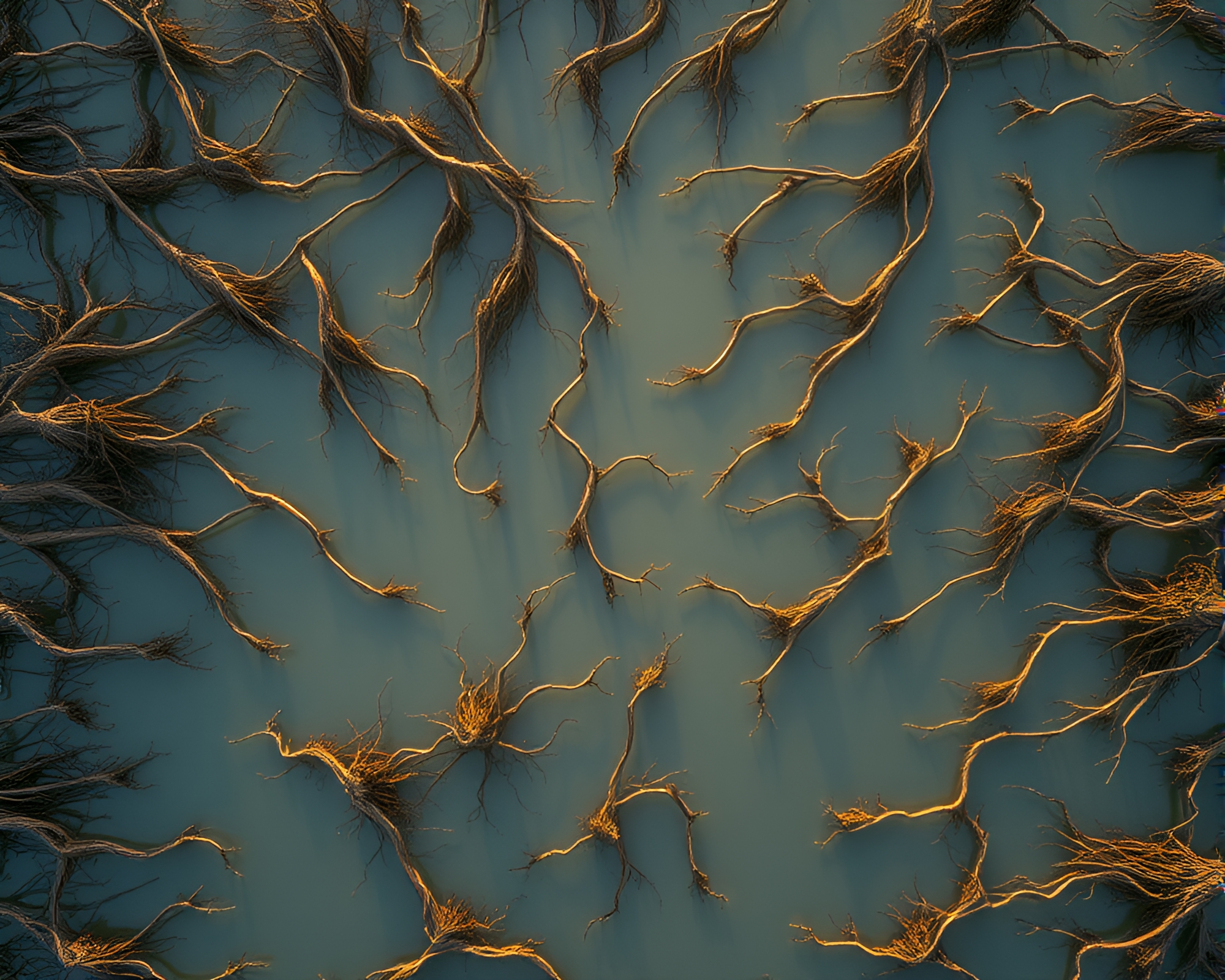 Ethereal Floating Roots Weaving Intricate Patterns Over Water – free AI stock image