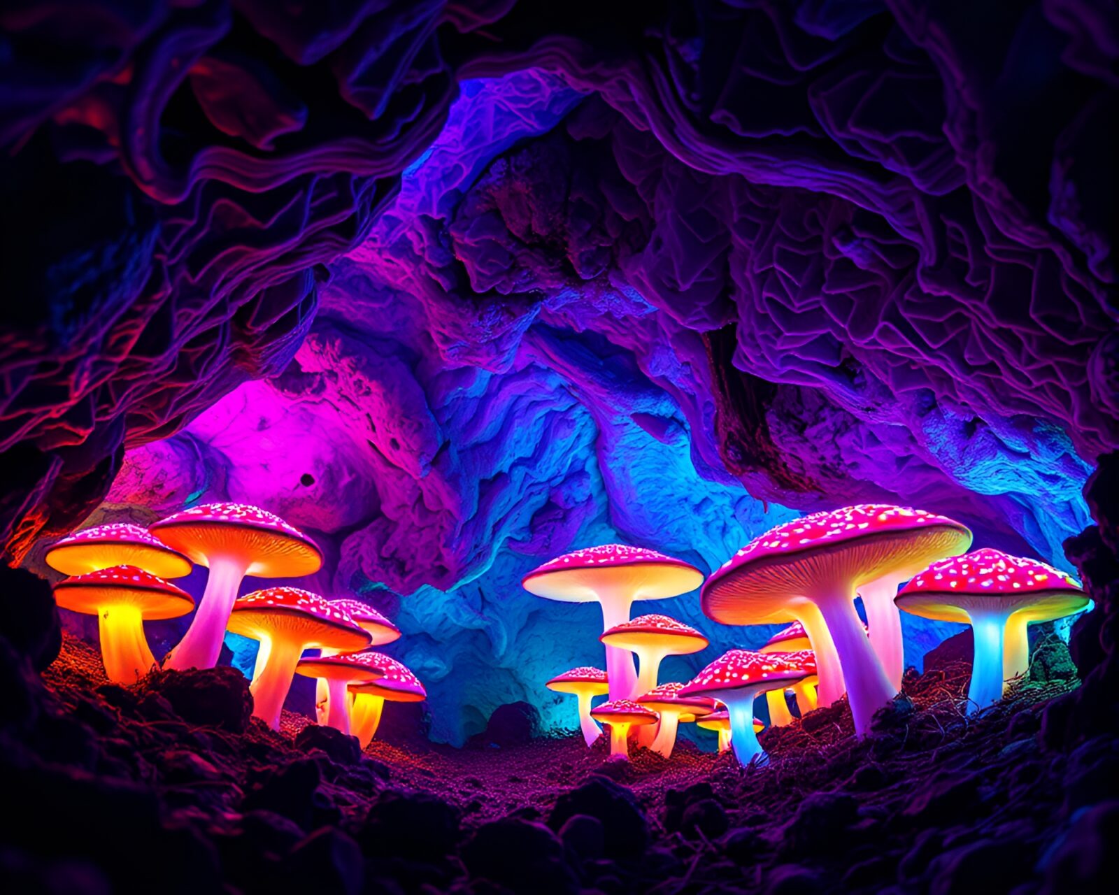 Luminous, colorful fungi in surreal underground landscape glow softly.