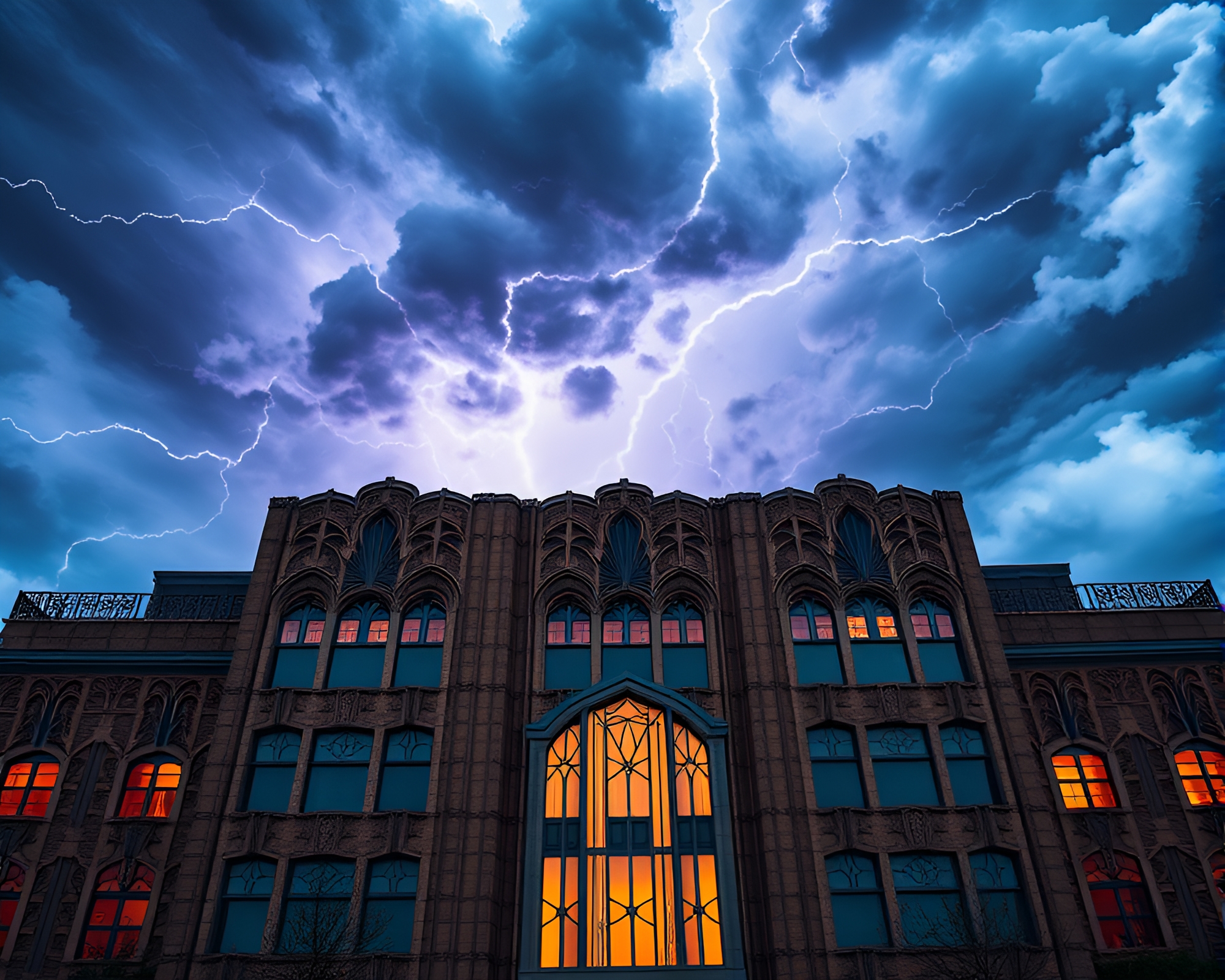 Eerie Electric Storm Over Art Deco Architecture – free AI stock image