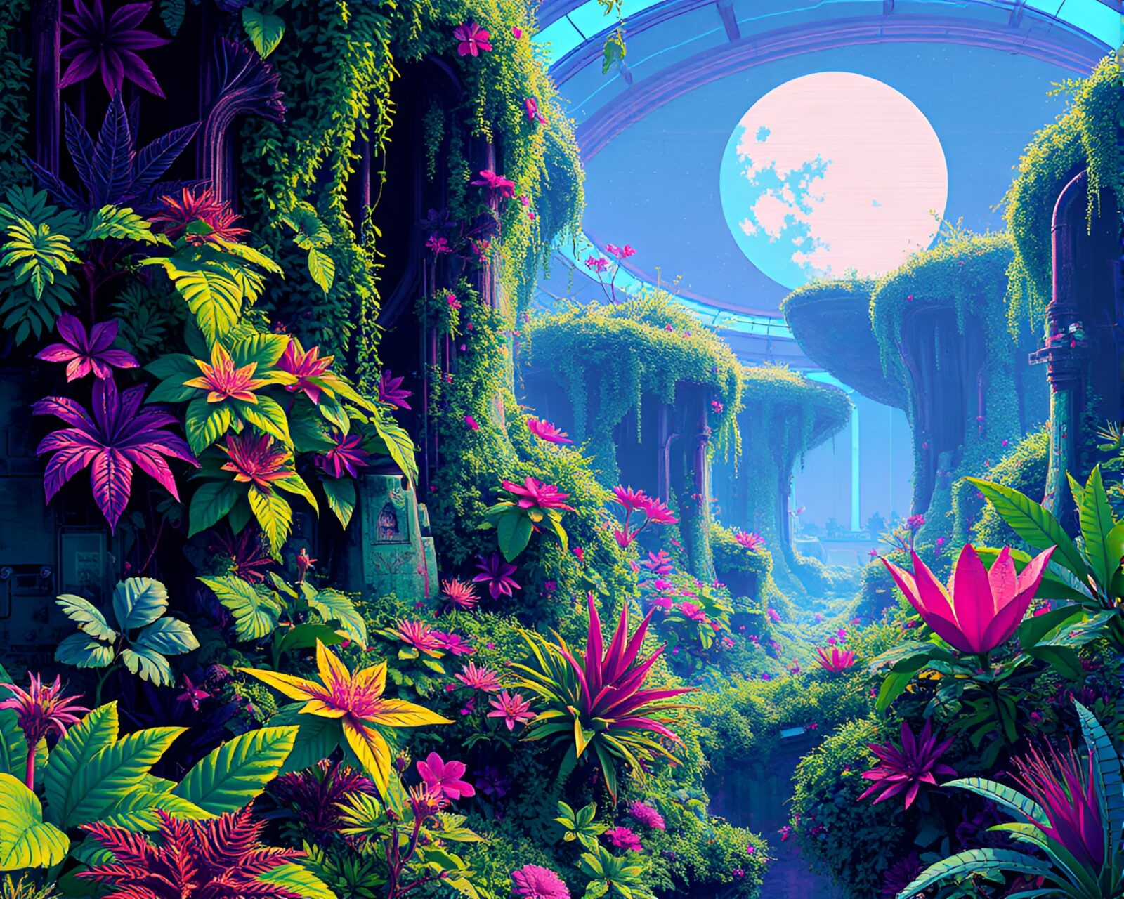 Pixelated neon plants with glitch effects in futuristic setting