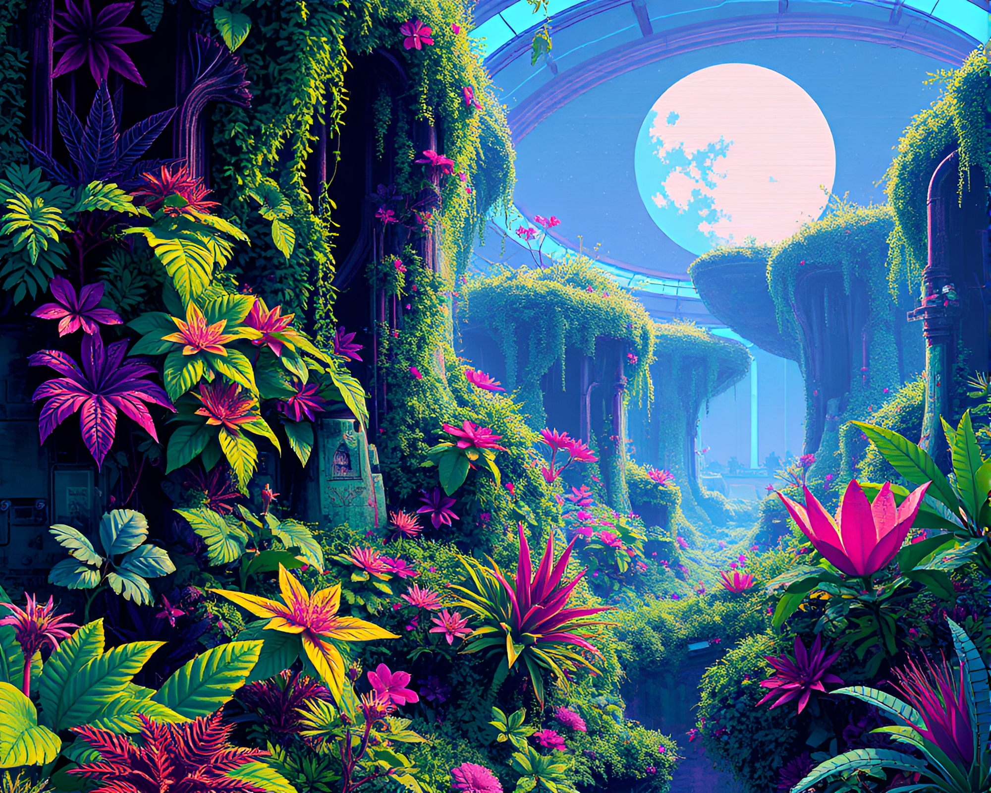 Futuristic Botanical Overgrowth in Glitch Art Style – free AI stock image