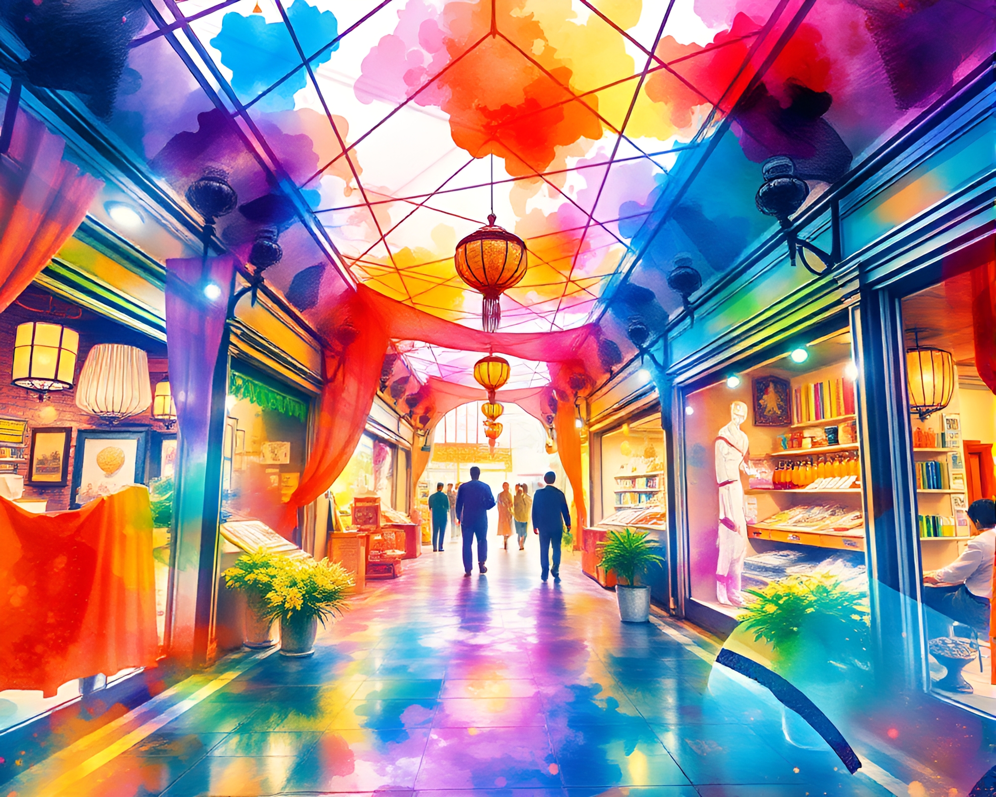 Vibrant holographic bazaar with dynamic watercolor splashes – free AI stock image