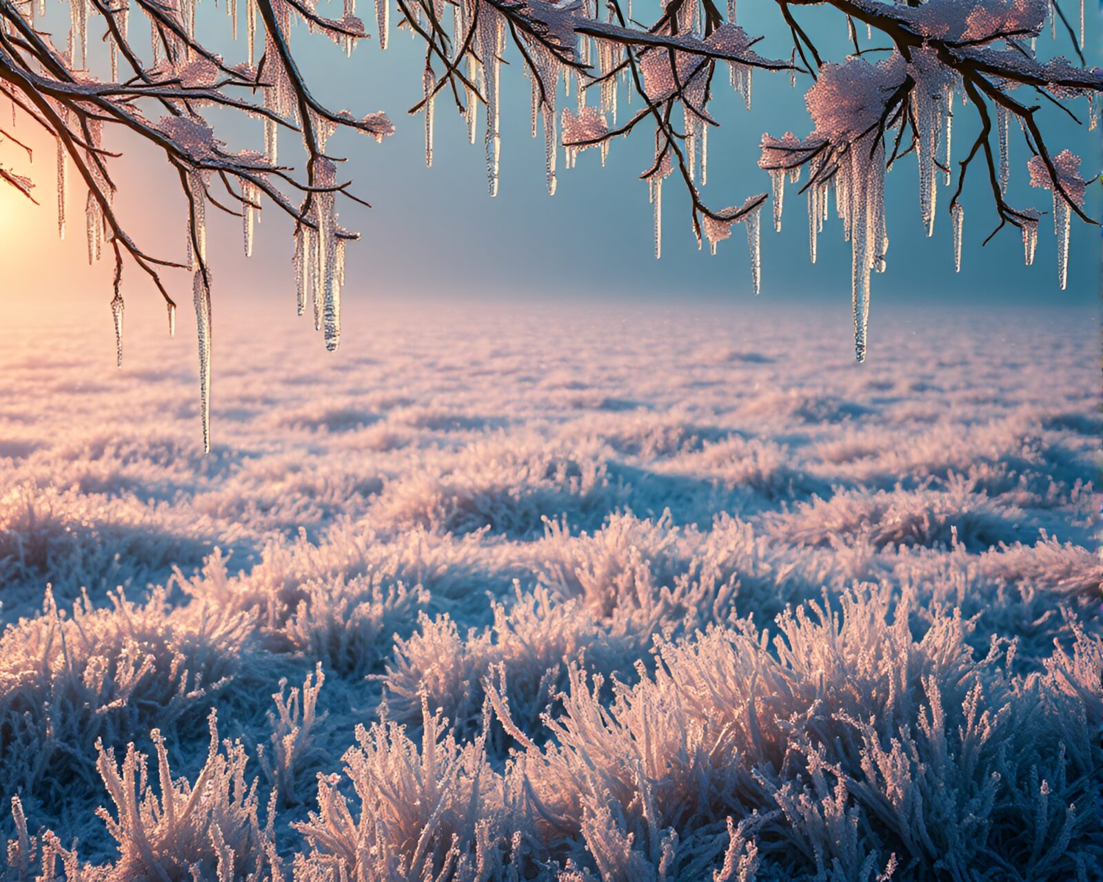 Snow-covered terrain bathed in ethereal light and mystery