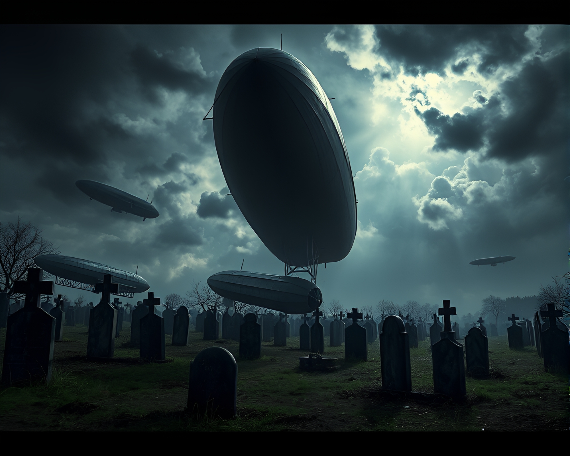 Eerie Zeppelin Graveyard captured in Surreal Cubist Style – free AI stock image