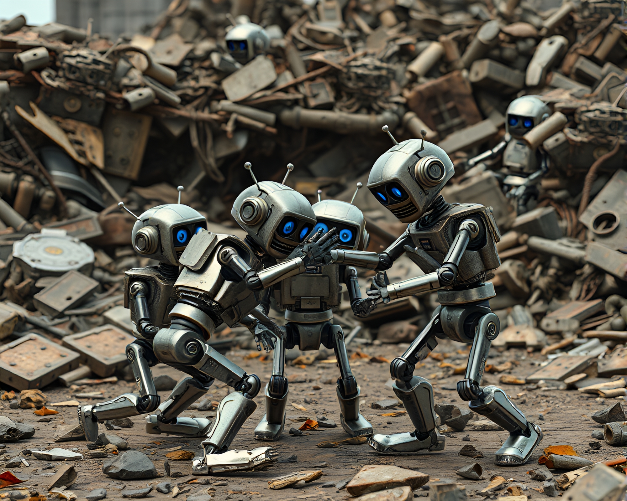 Mischievous Robot Tag Game in Ruined Junkyard – free AI stock image