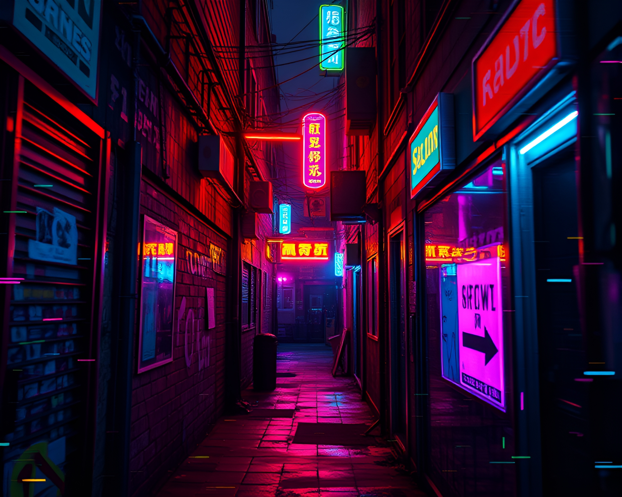 Neon Glitch Art Illuminates Urban Alleyway in Retro Aesthetic – free AI stock image