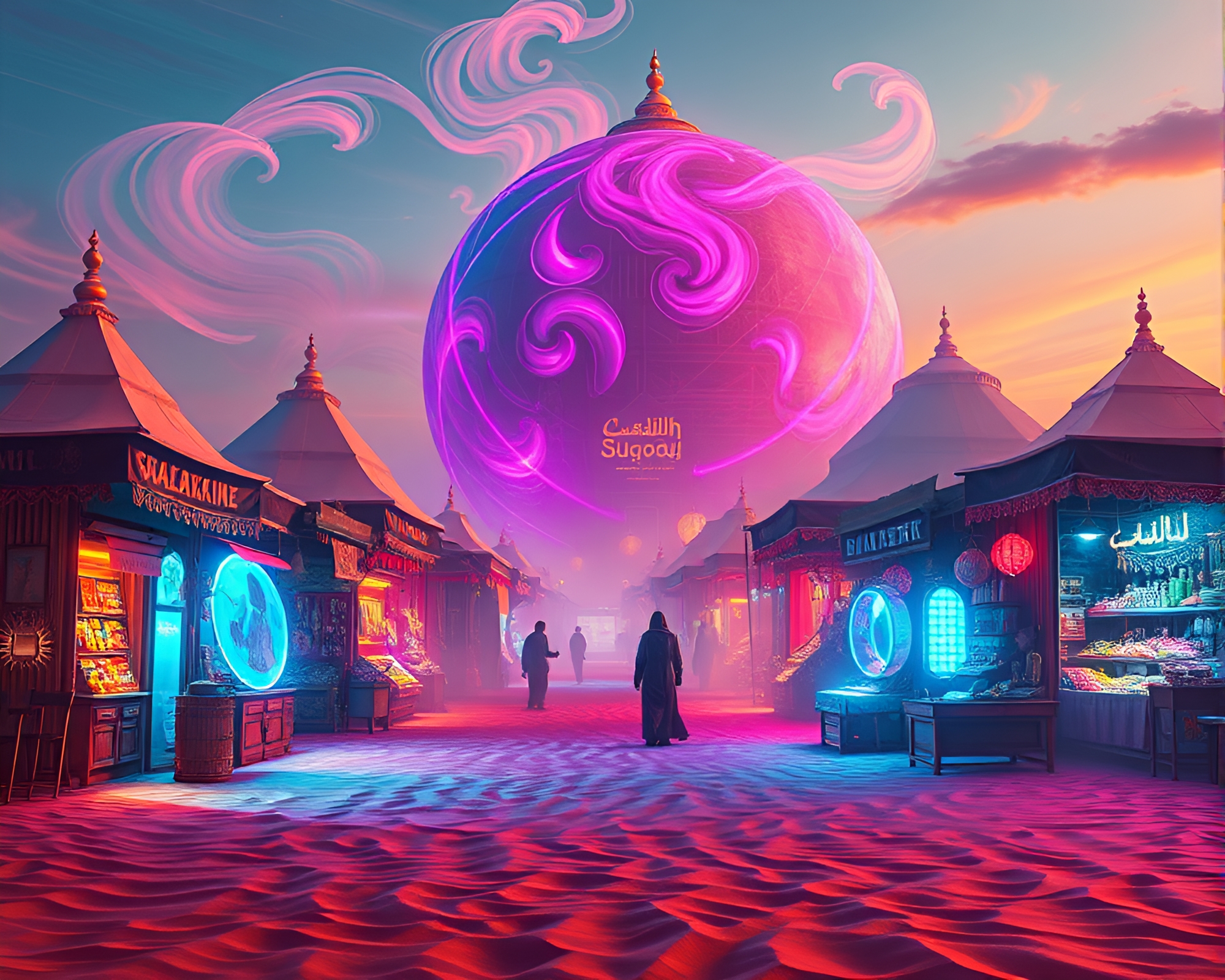 Surreal Holographic Bazaar Amid Windswept Desert Landscape – free AI stock image
