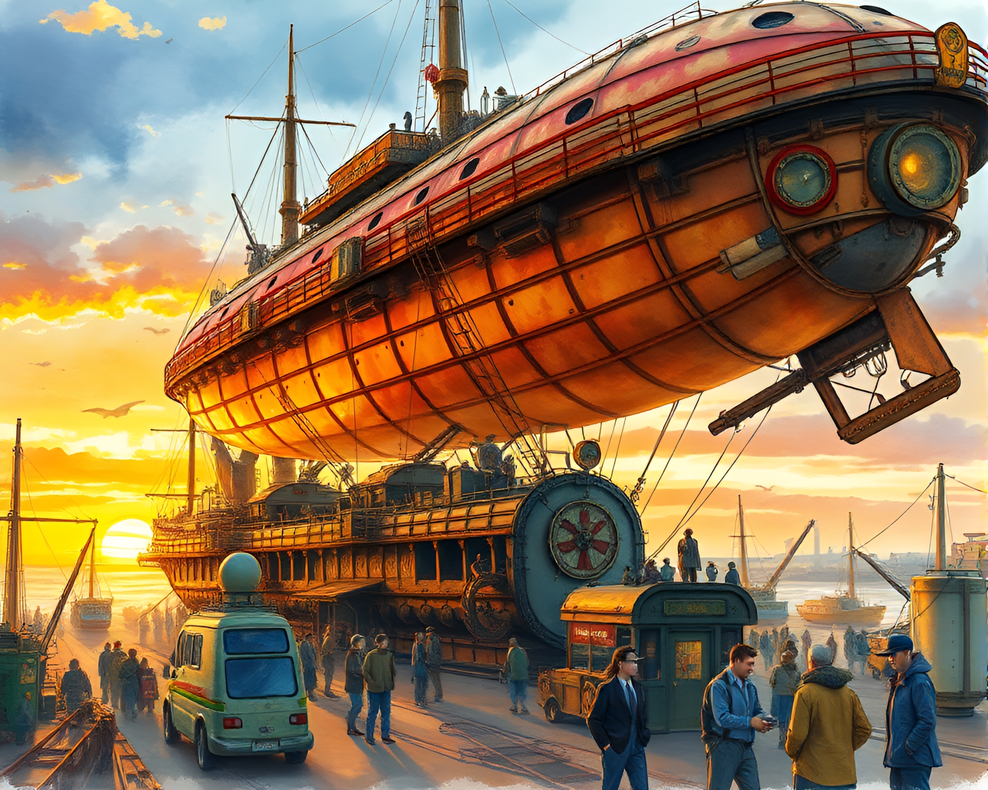 Steam-powered Airship Docks at Bustling Port at Sunset – free AI stock image