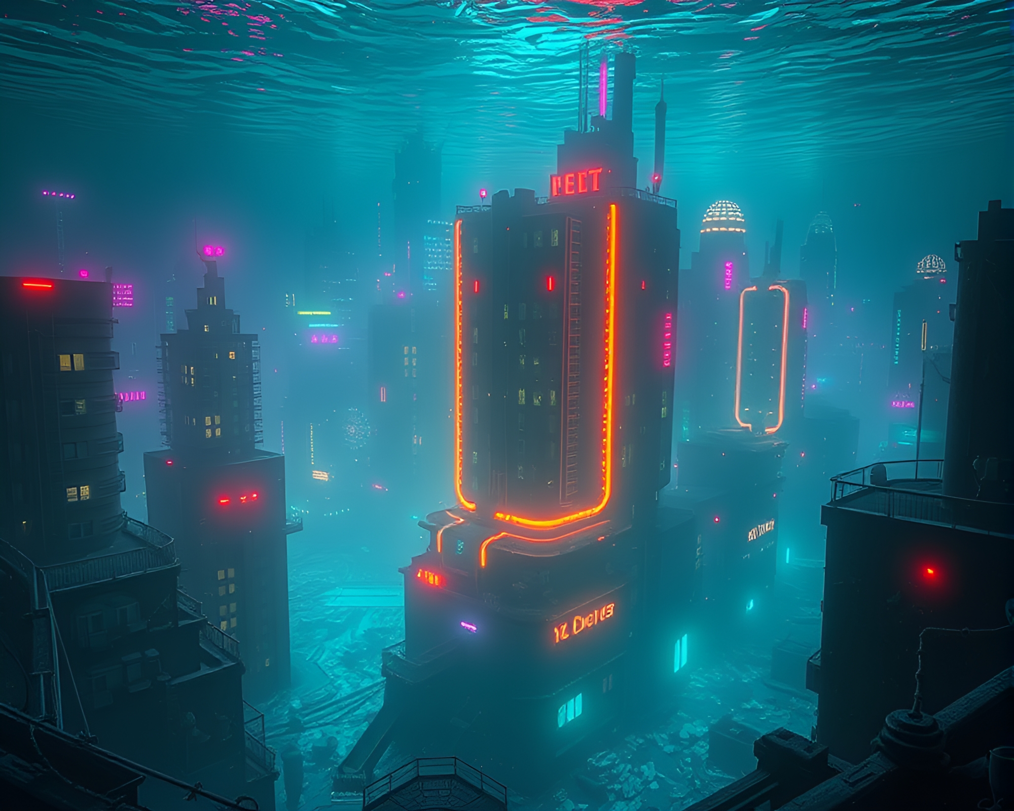 Eerie Sunken Cityscape with Glitch Art Neon Lights – free AI stock image