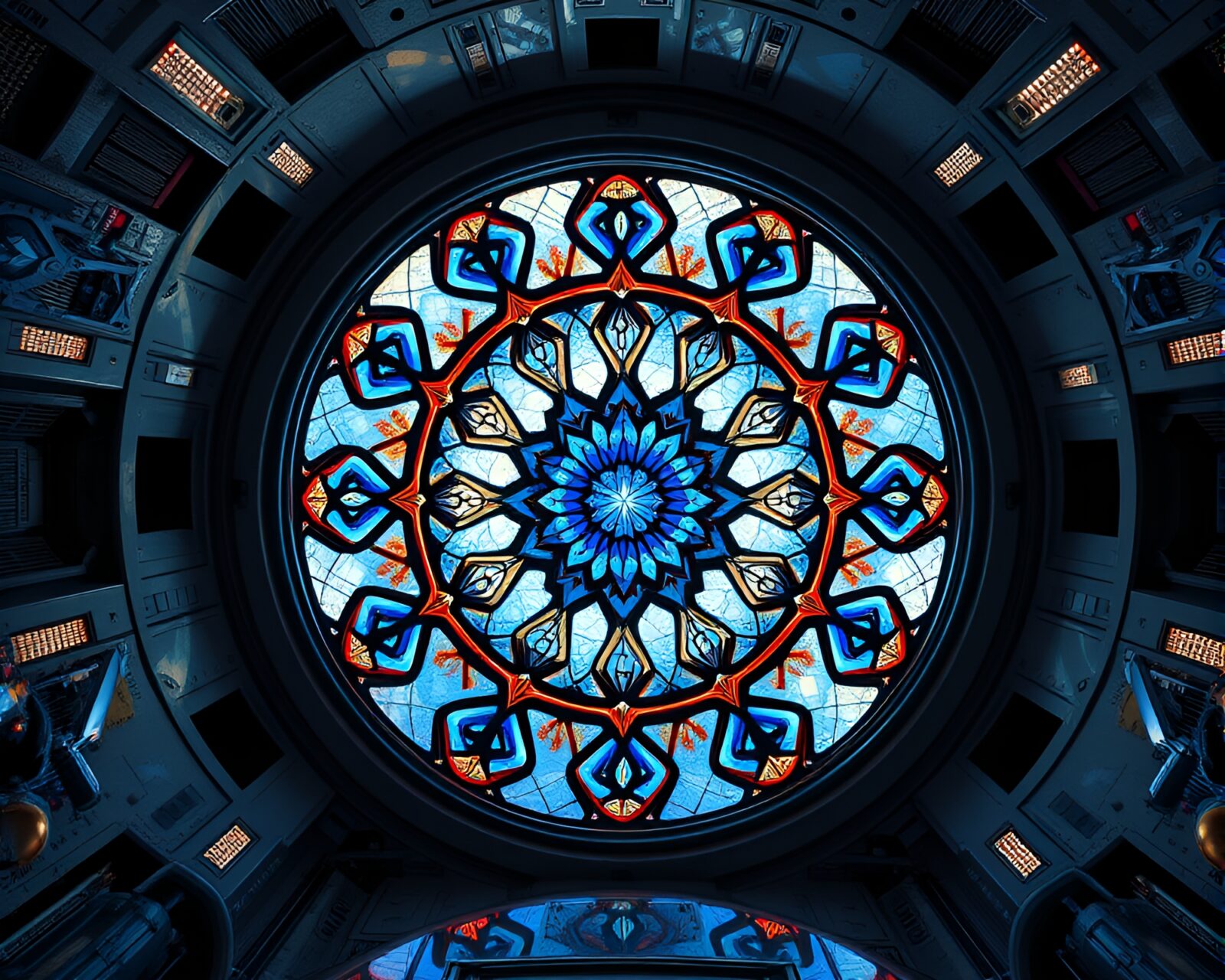 Mesmerizing stained glass window floating in zero-gravity environment.