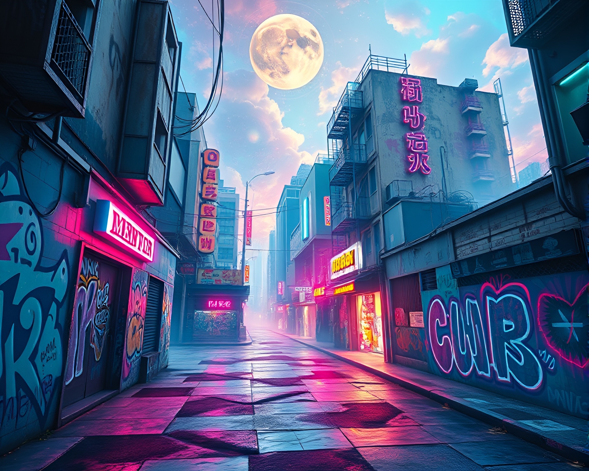 Surreal Urban Landscape with Neon Fractals and Graffiti – free AI stock image