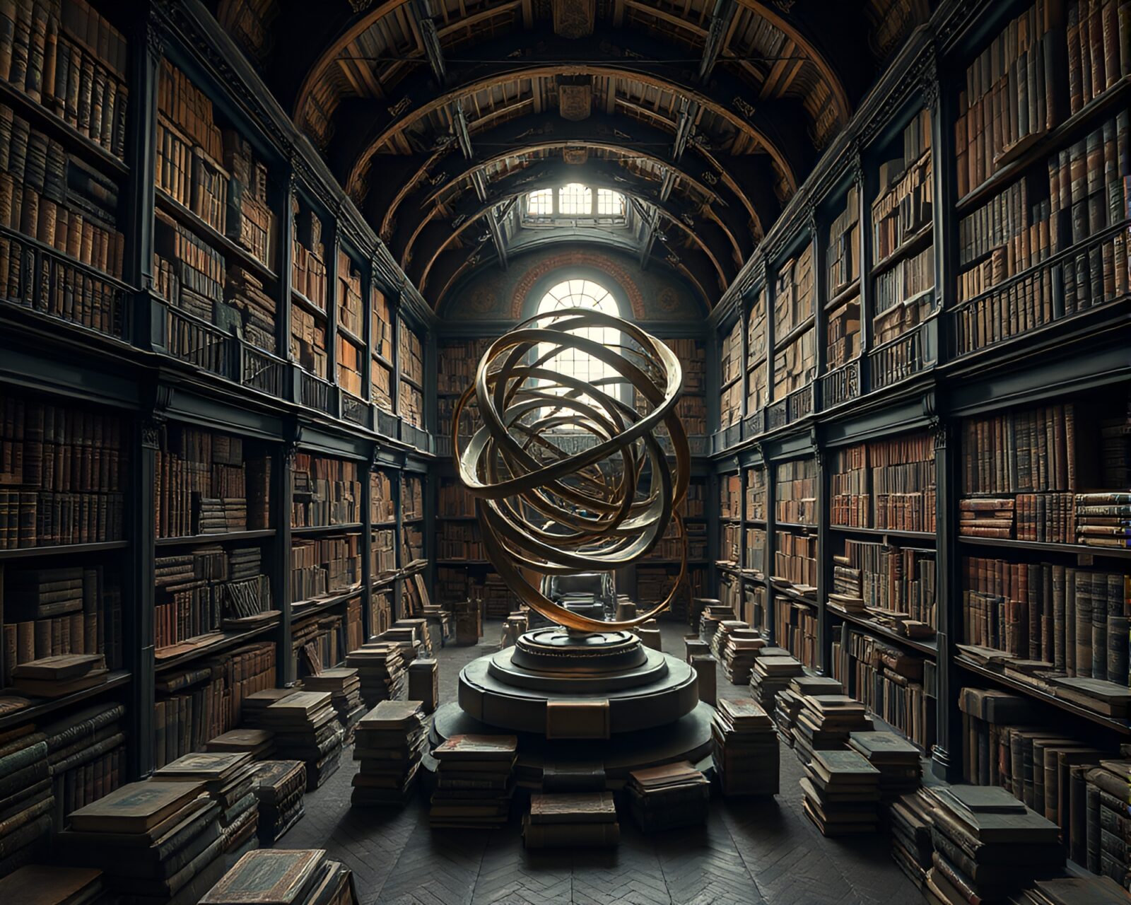 Mesmerizing sculpture amidst ancient tomes in library with stained glass