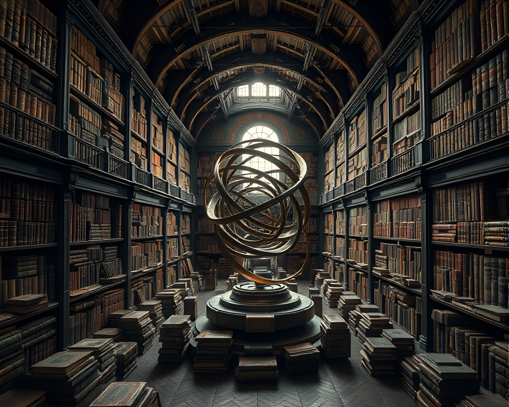 Enchanting Kinetic Sculpture in Labyrinthine Library – free AI stock image