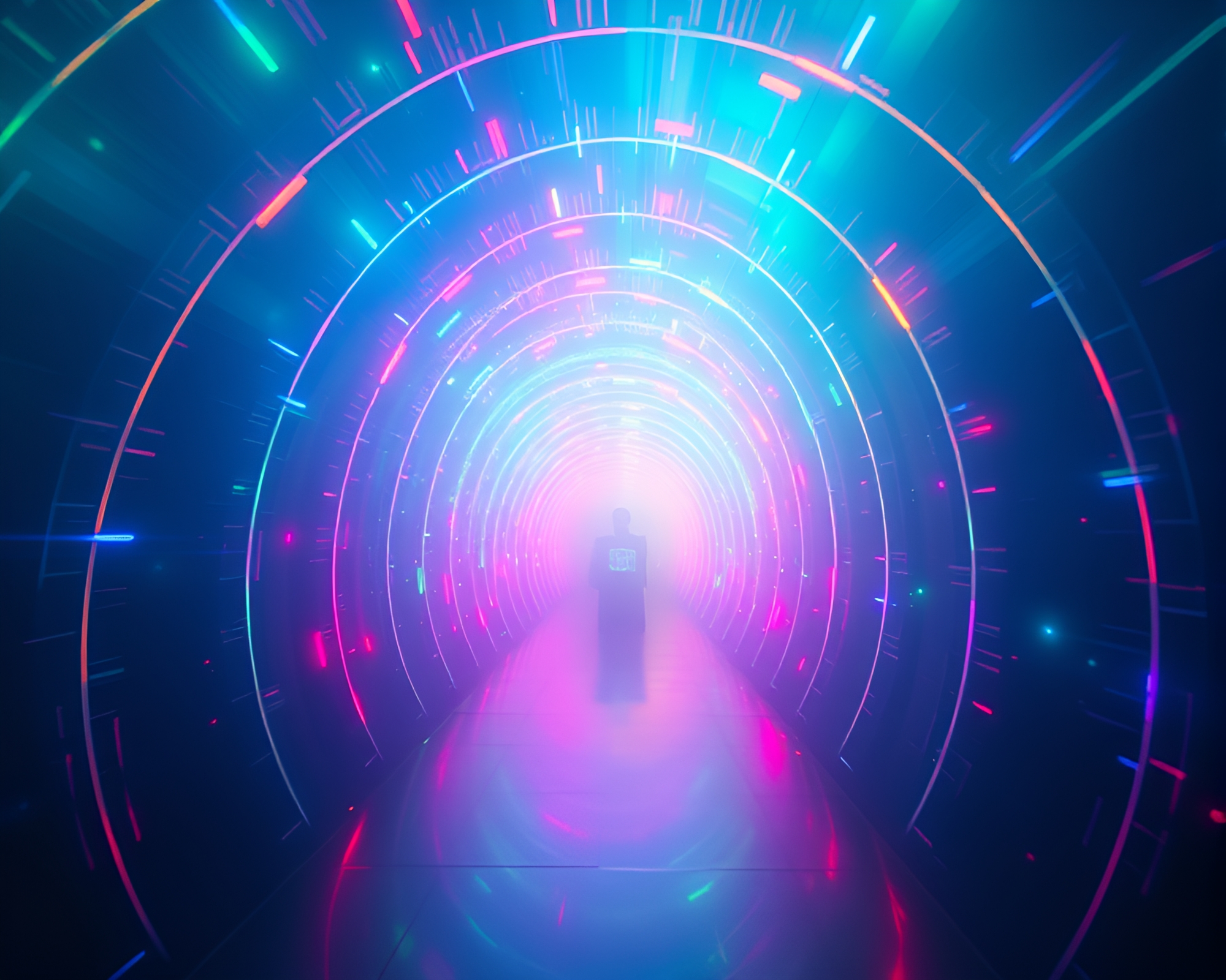 Vibrant Neon Light Tunnel in Otherworldly Setting – free AI stock image