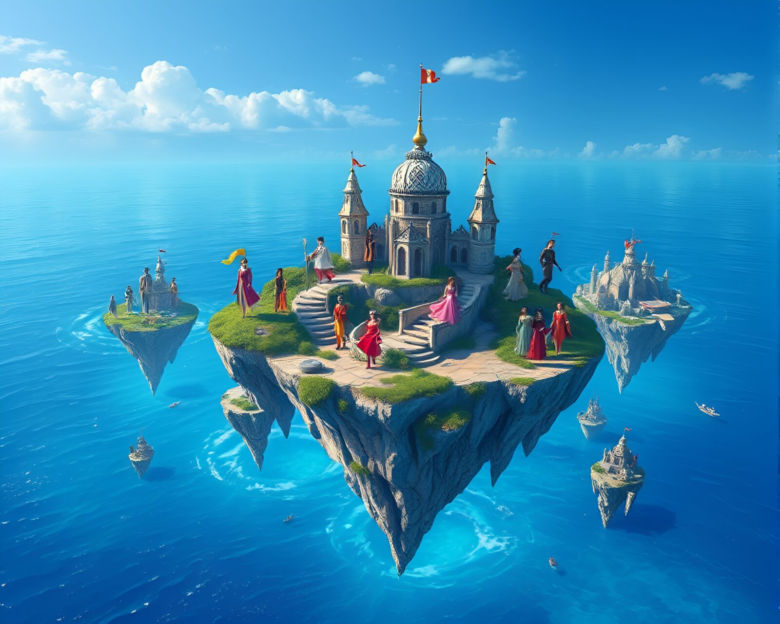 Vibrant floating island archipelago showcasing diverse fashion styles