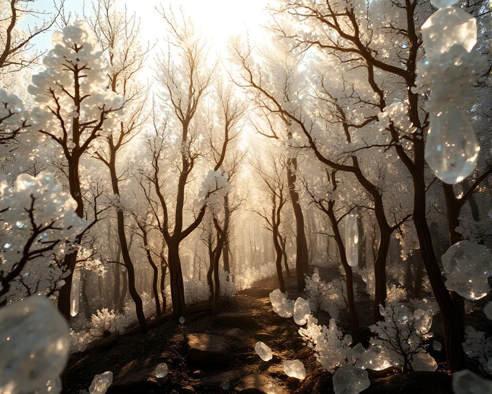 Mystical crystal forest with glowing silicon trees in sunlight