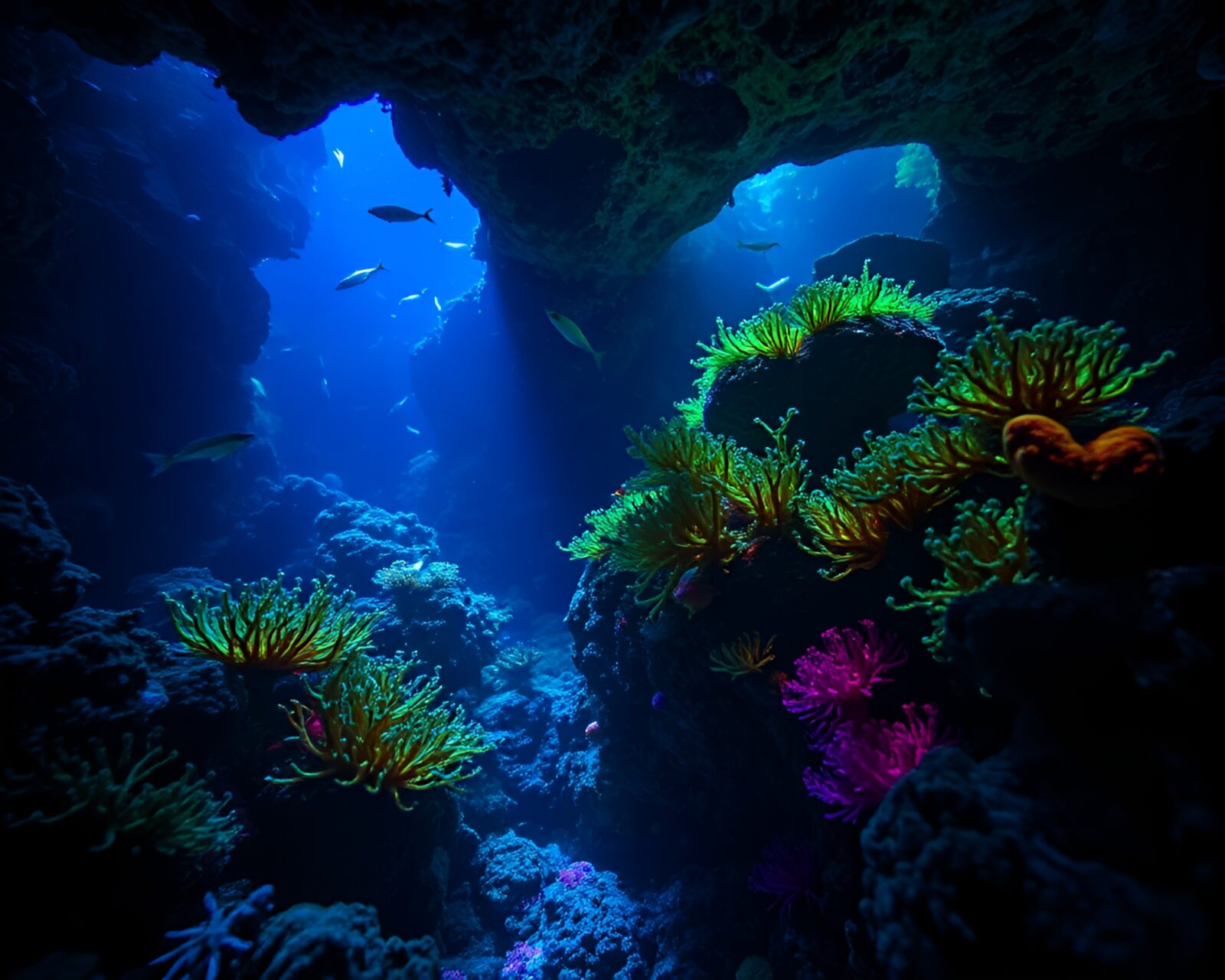 Vibrant bioluminescent coral reef glowing in dark underwater environment