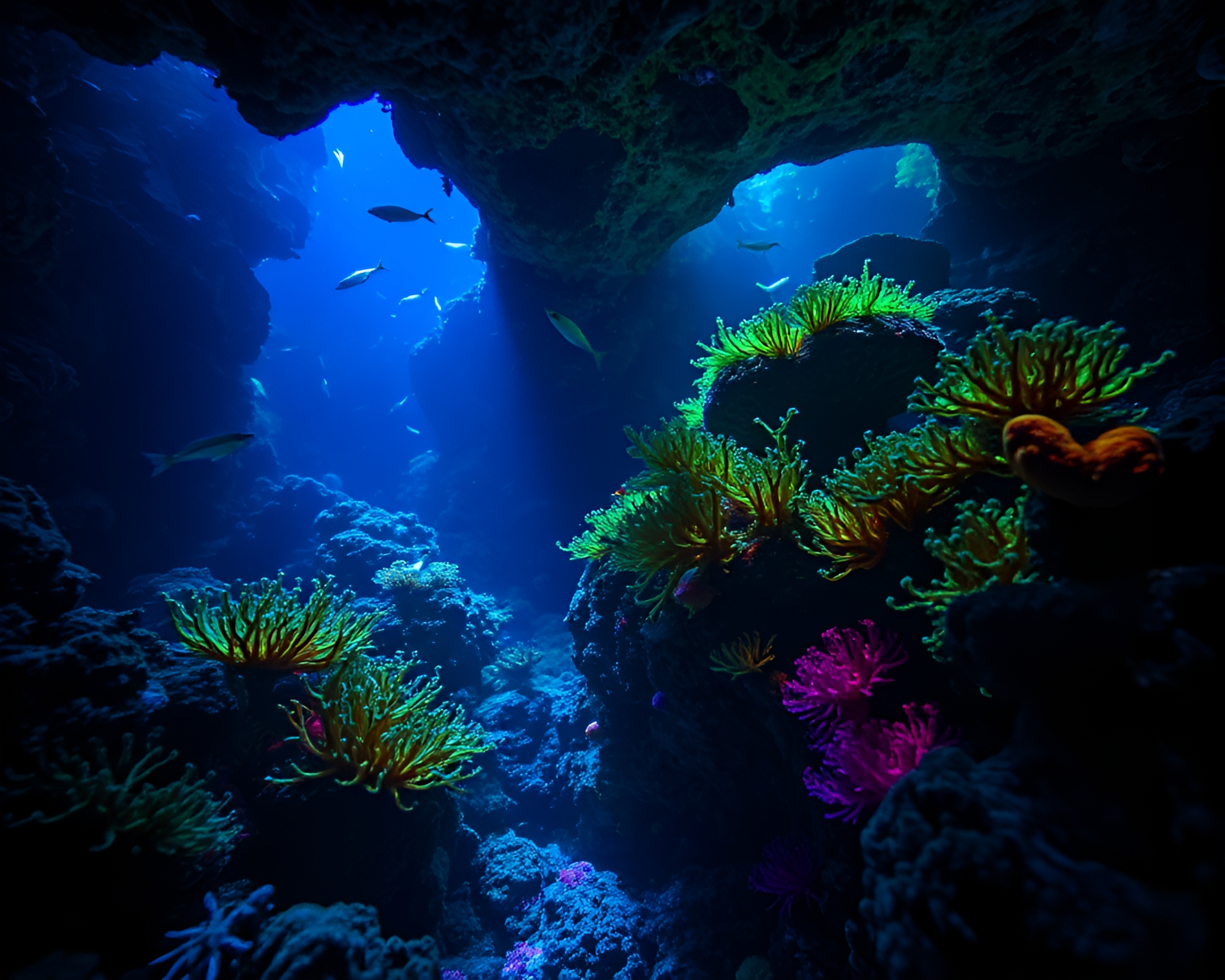 Mesmerizing Bioluminescent Coral Reef Illuminating Marine Life – free AI stock image