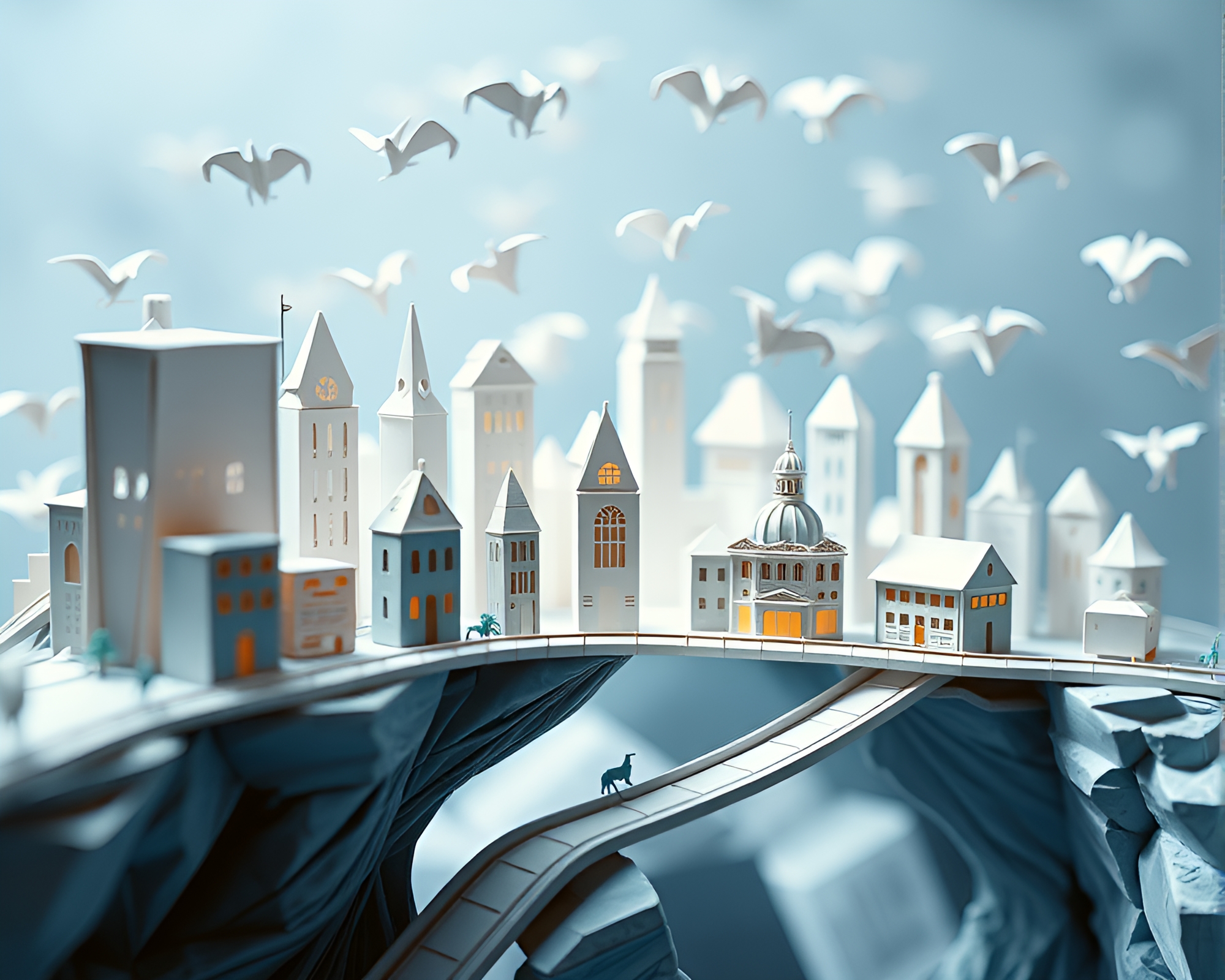 Floating Origami City: Serene Micro World Suspended in Air – free AI stock image