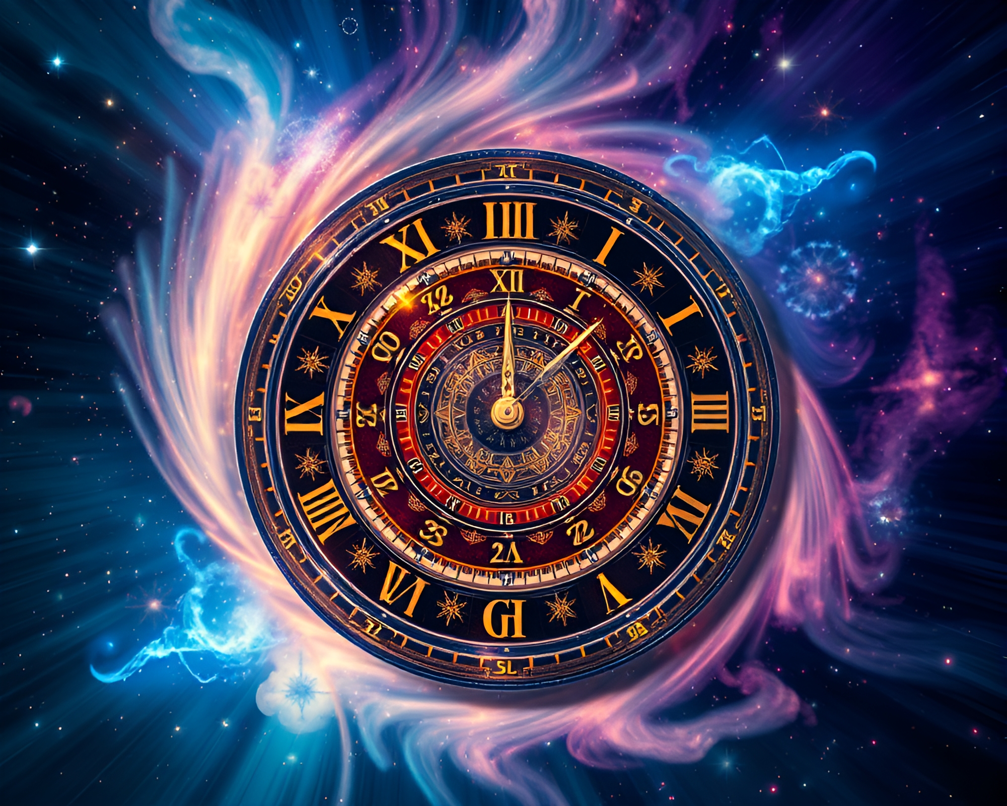 Celestial Clock Face: A Dynamic Cosmic Portrait – free AI stock image