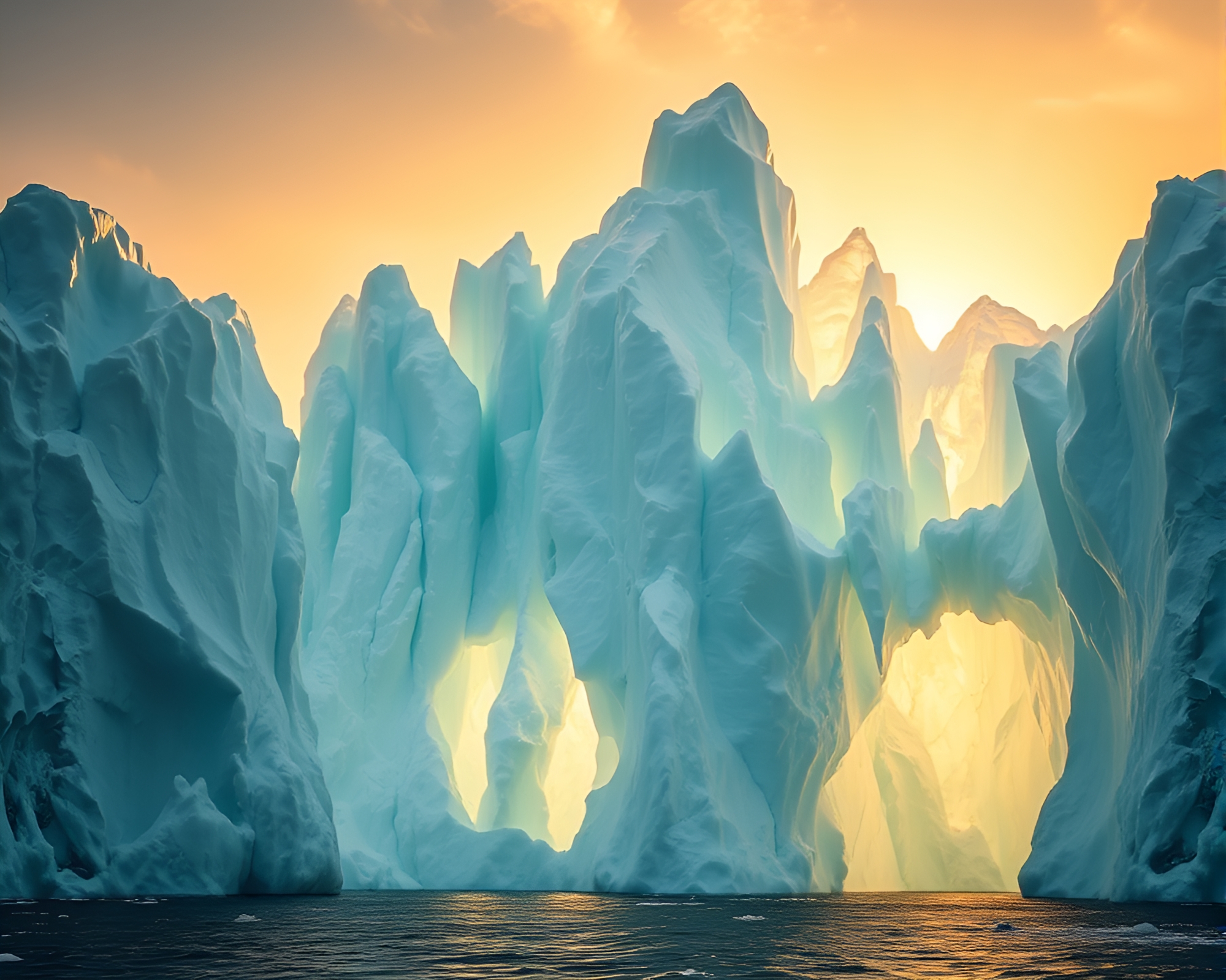 Majestic Iceberg Cathedral Glowing in Golden Light – free AI stock image