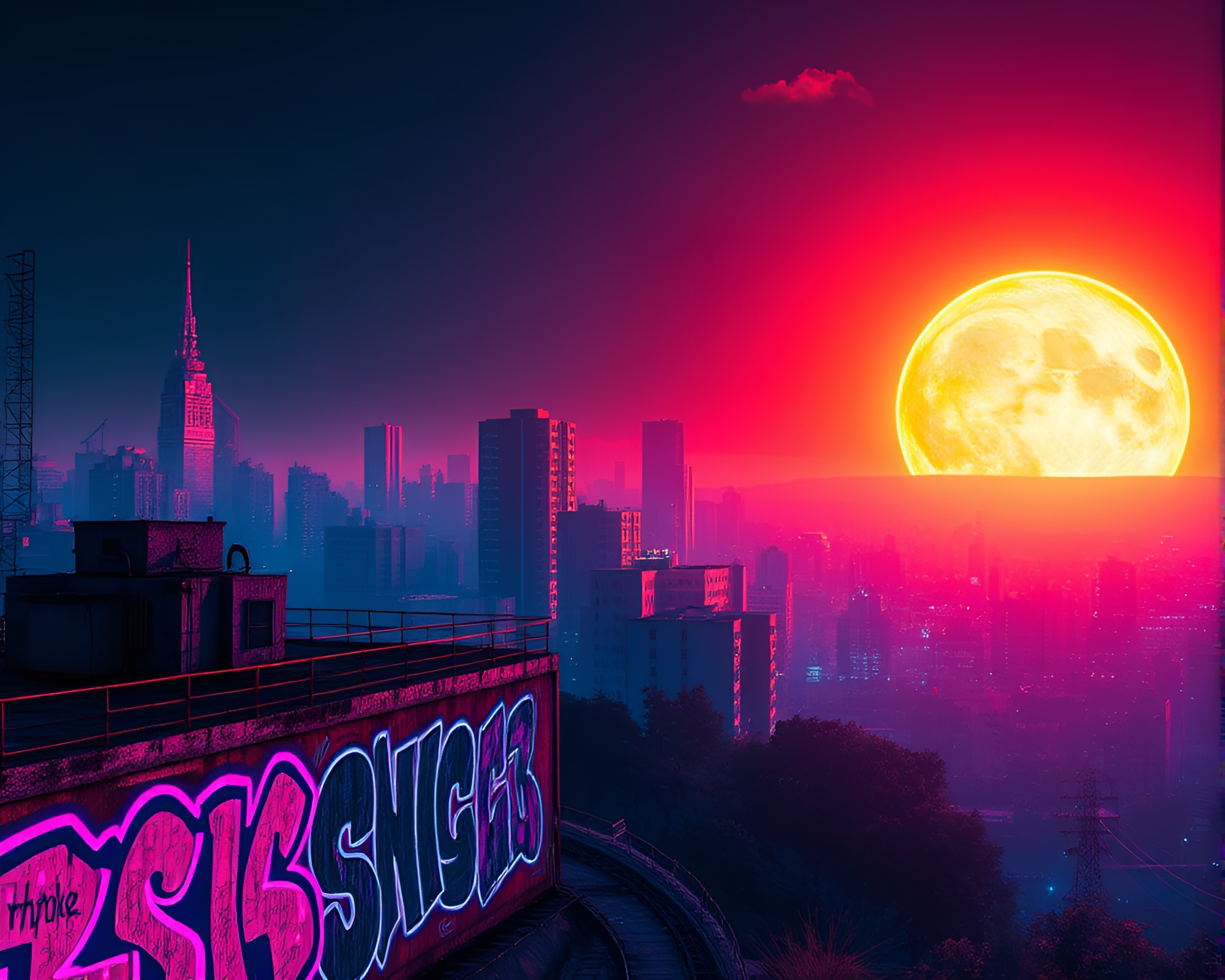 Surreal Cityscape: Neon Graffiti Wall and Solar Flare – free AI stock image