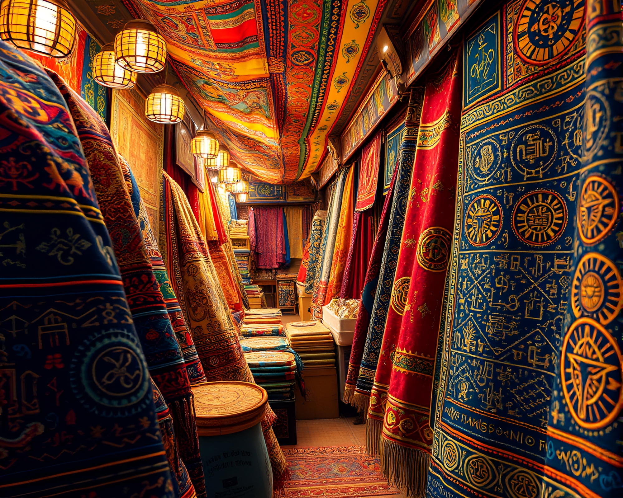 Enchanting Holographic Bazaar with Mystical Embroidery Patterns – free AI stock image