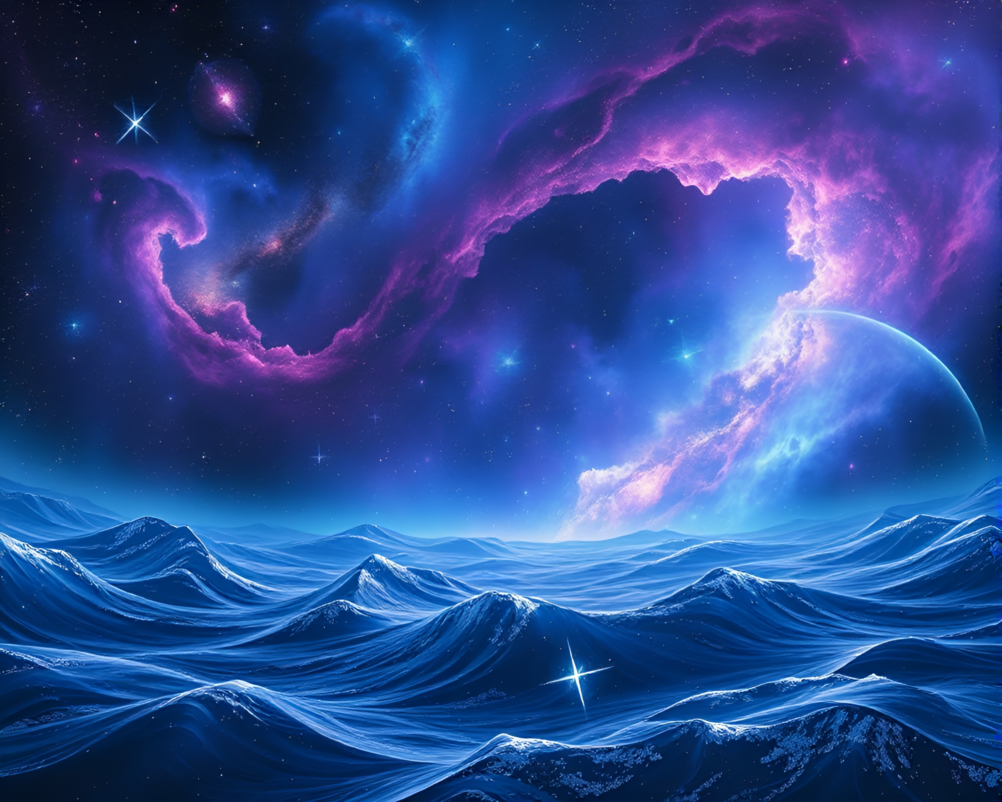 Enchanting Cosmic Ocean: A Futuristic 3D Landscape – free AI stock image