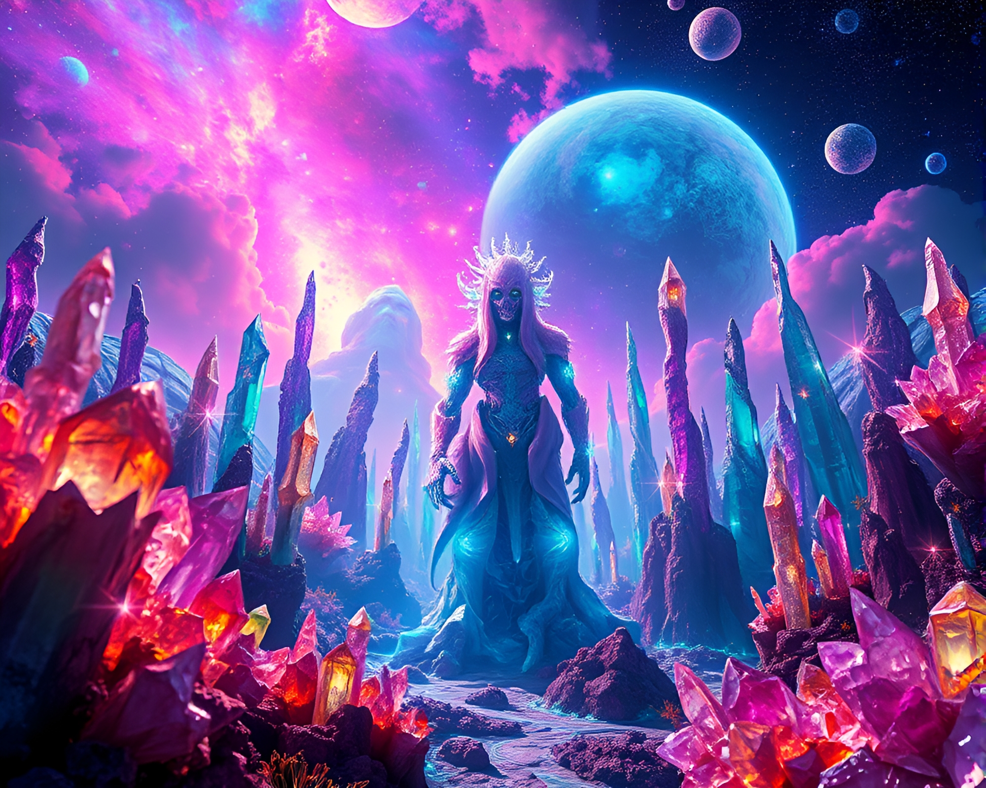 Ethereal Crystal Forest: Enigmatic Portrait in Alien Realm – free AI stock image