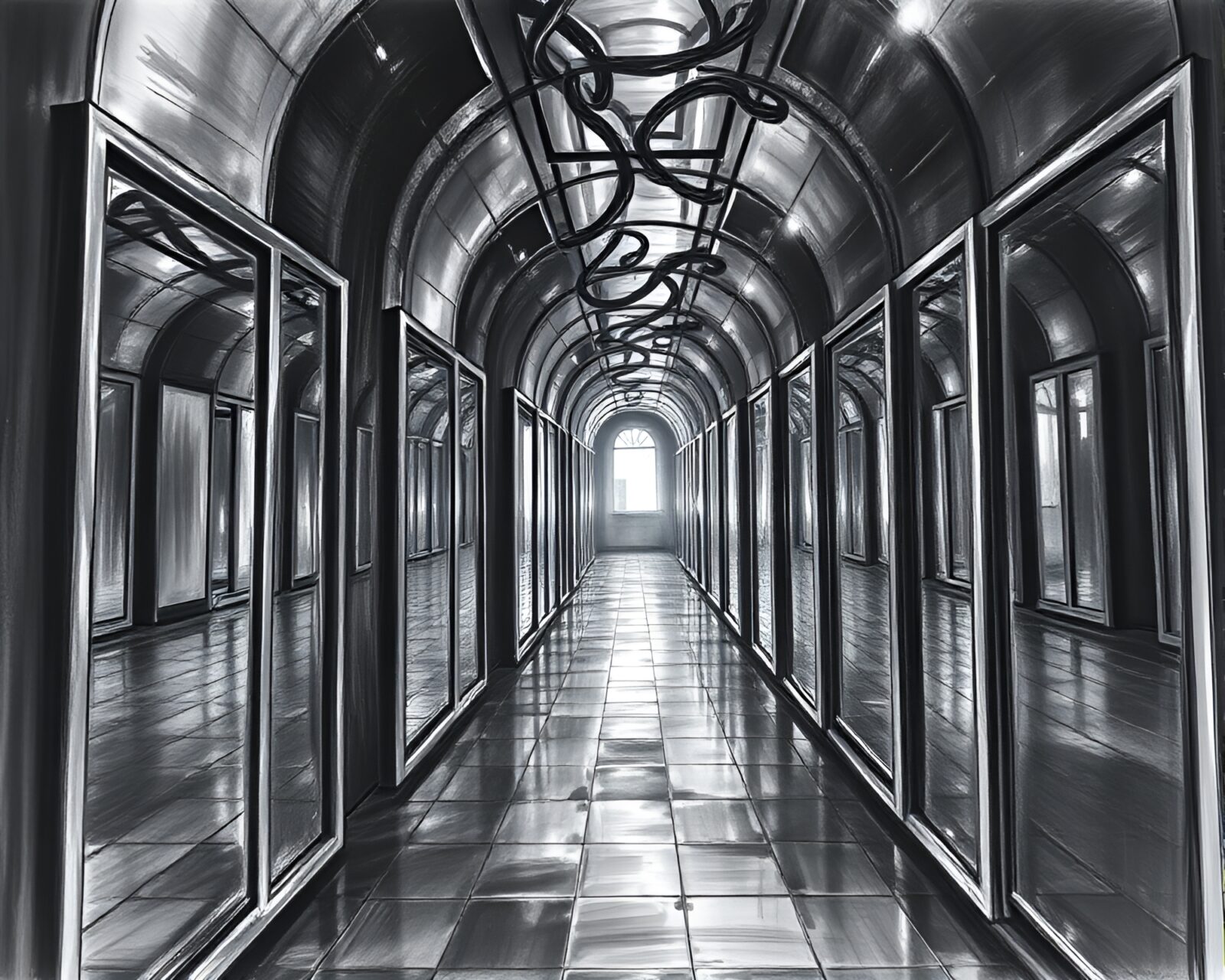 Intricate charcoal sketch of mesmerizing mirror maze with shimmering patterns