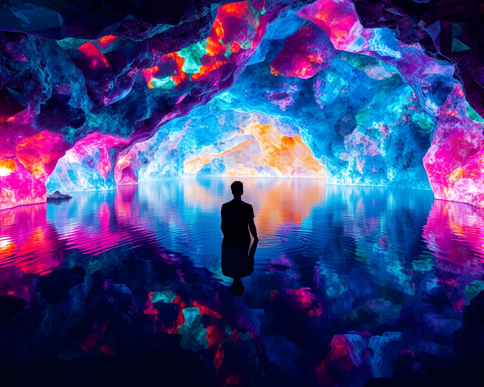 A lone figure sitting in a dimly-lit crystal lake surrounded by vibrant hues and geometric patterns