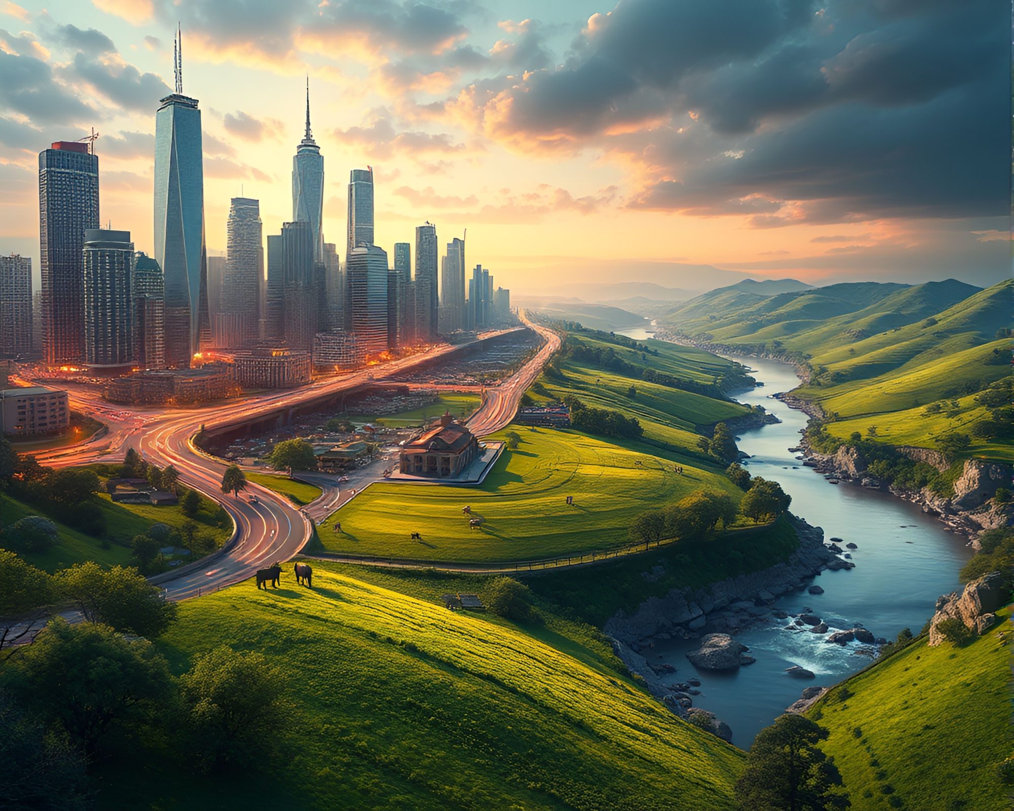 Vibrant Cityscape juxtaposed against Peaceful Countryside Oasis – free AI stock image