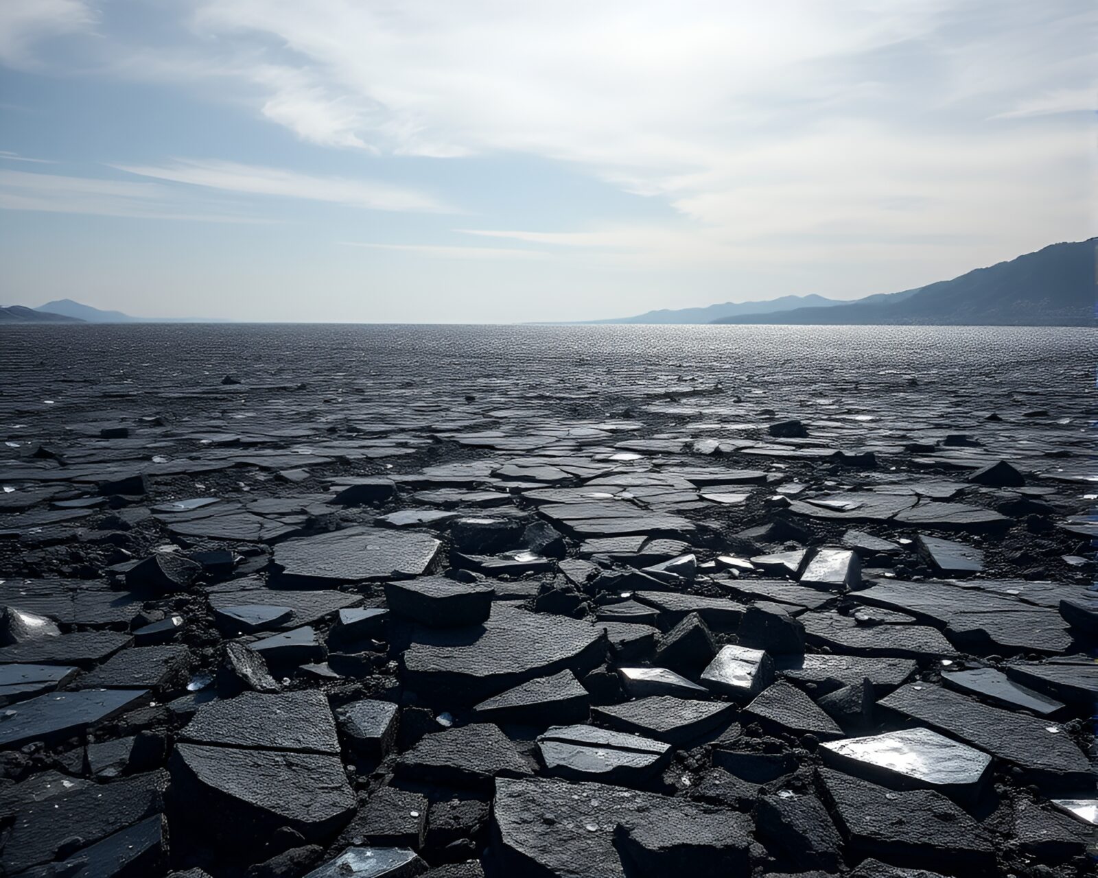Dark reflective glass shards on vast melancholic plains under captivating sky
