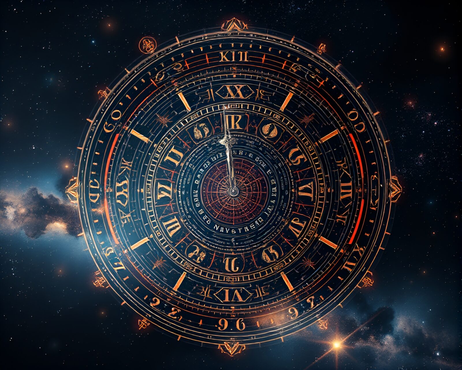 Intricately designed cosmic clock amidst swirling galaxies and nebulae