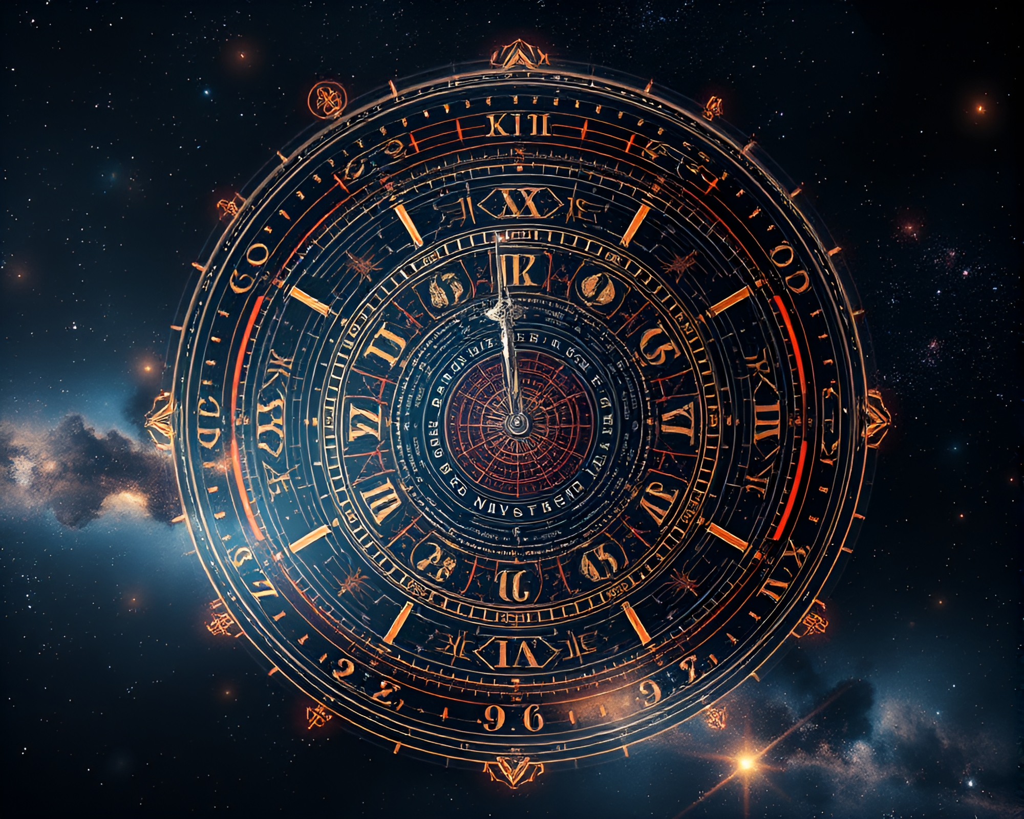Spectral Cosmic Clock in Noir Galaxy – free AI stock image