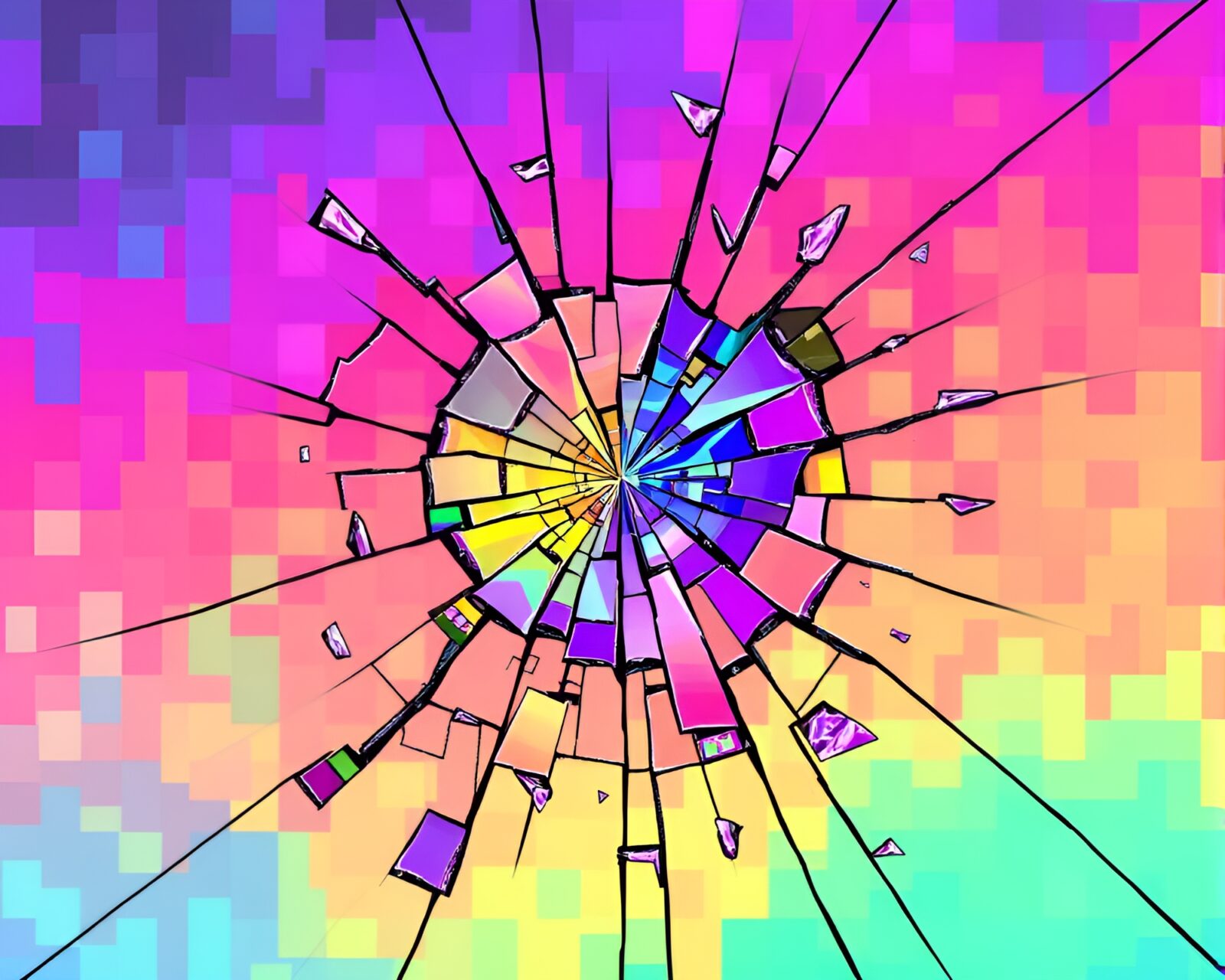 Mesmerizing pixel art of a shattered mirror reflecting colors.