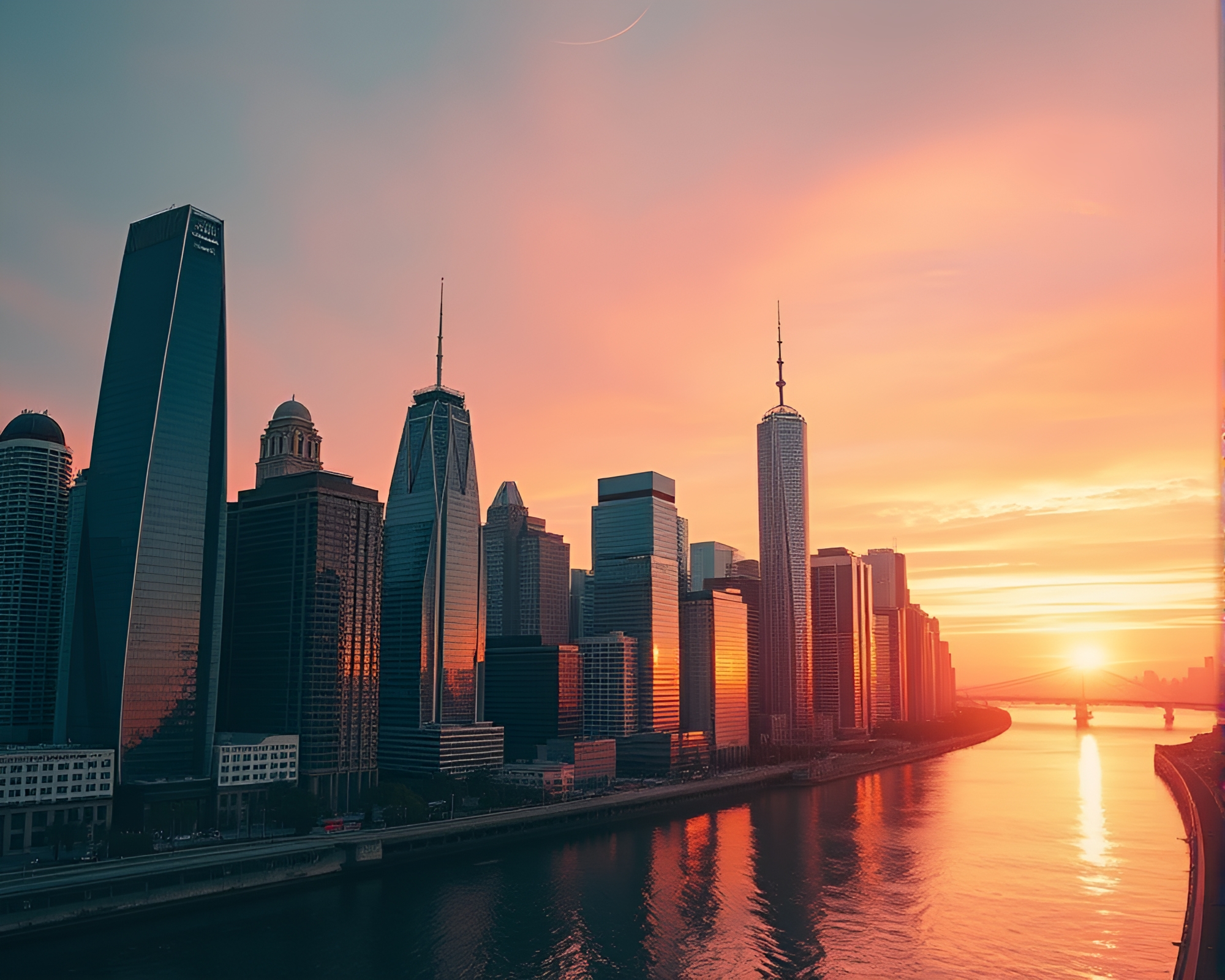 Cityscape Silhouettes: Luminous Skyscrapers at Sunset – free AI stock image
