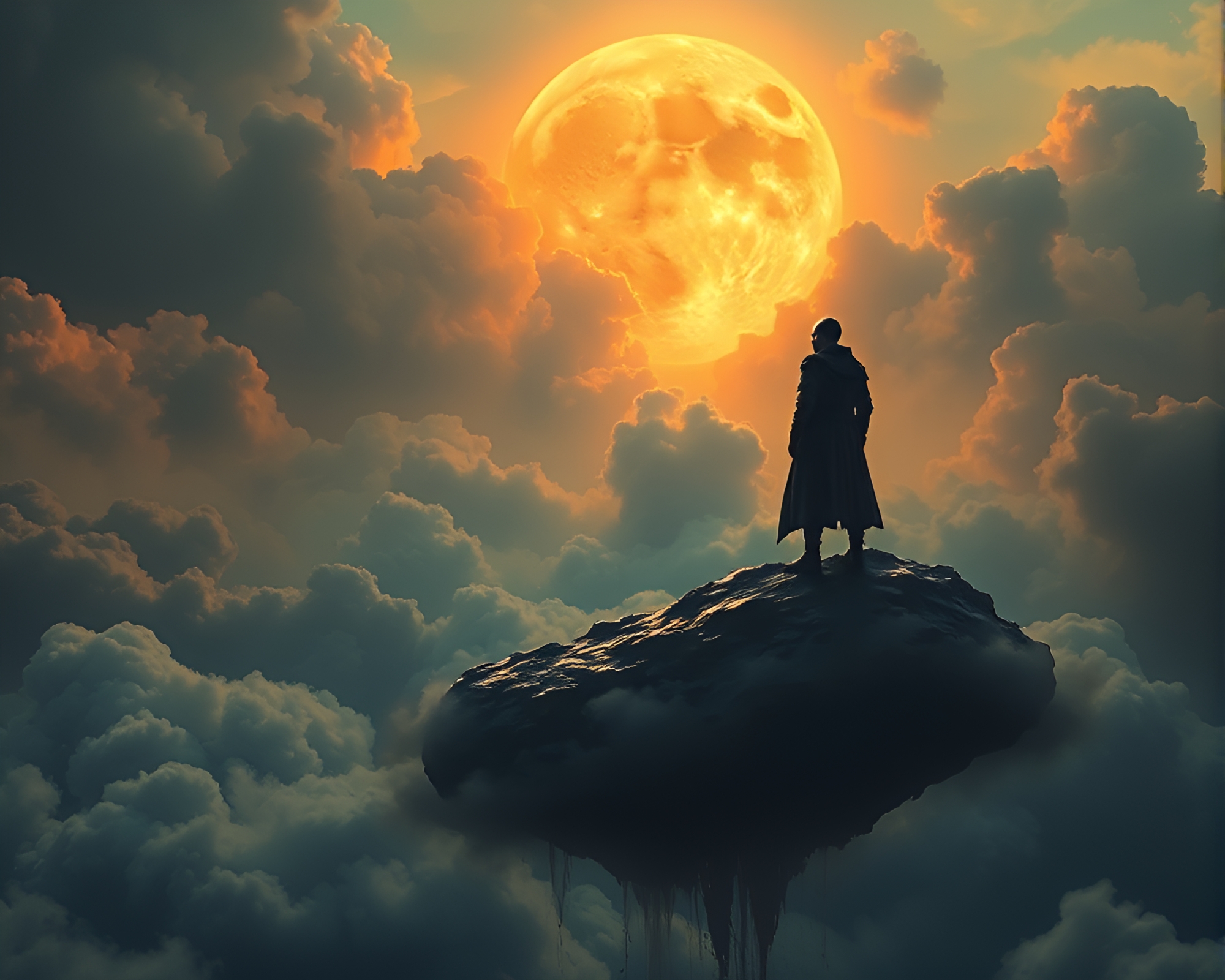 Mysterious Figure Contemplating Intricate Game Concept on Iron Cloud – free AI stock image