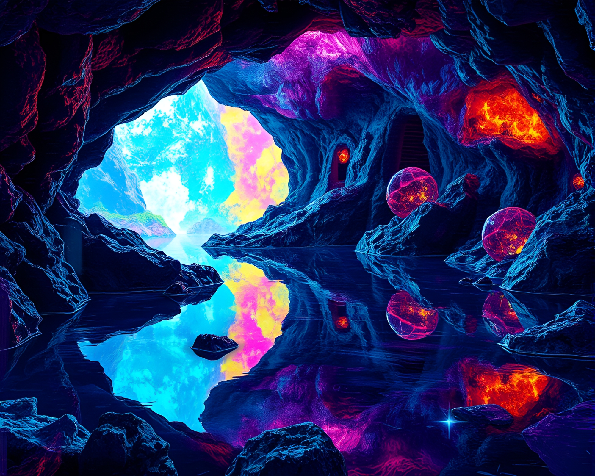Enchanting Subterranean Crystal Lake in Glitch Art Display – free AI stock image