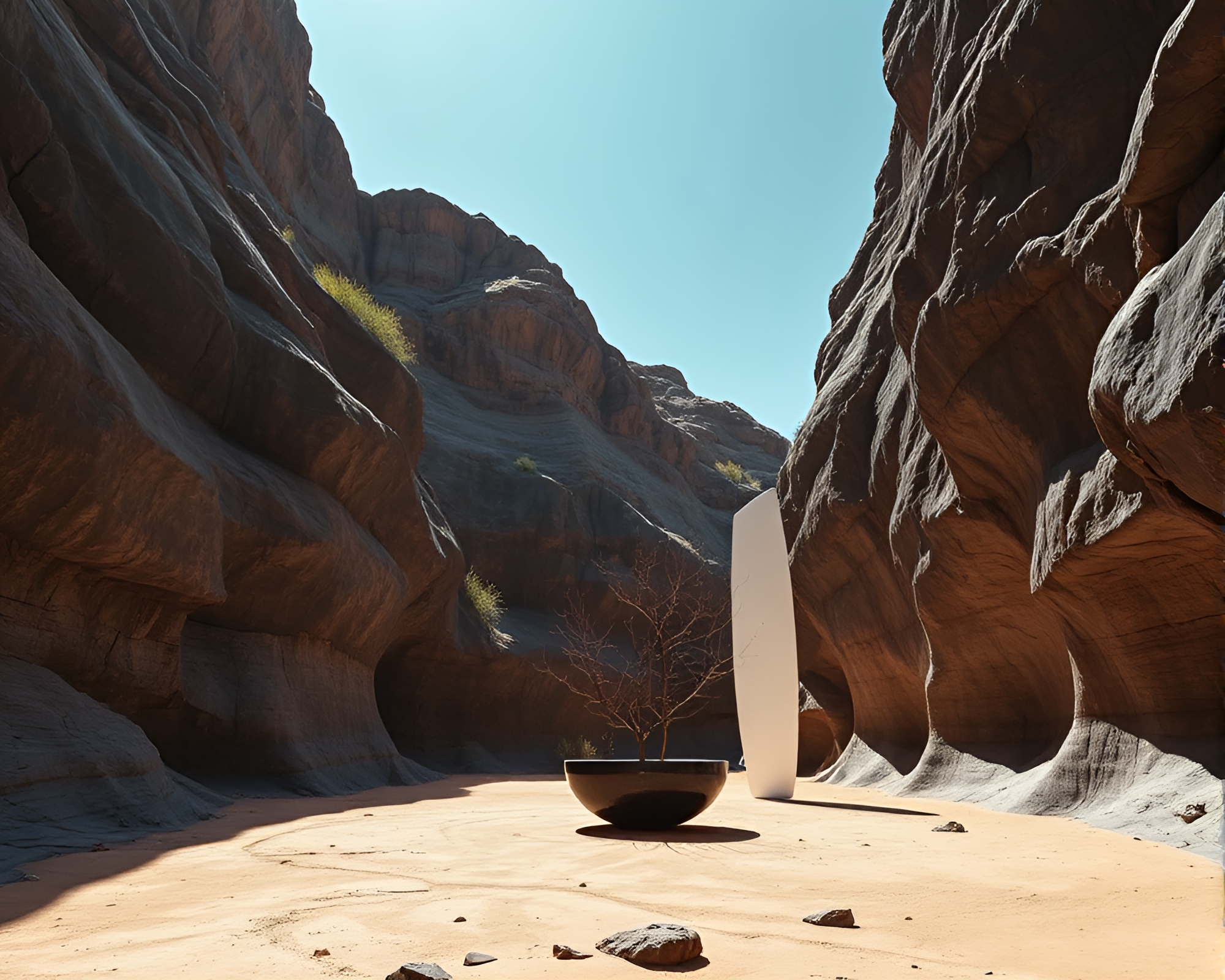 Surreal Contemporary Art Installation in Obsidian Canyon – free AI stock image