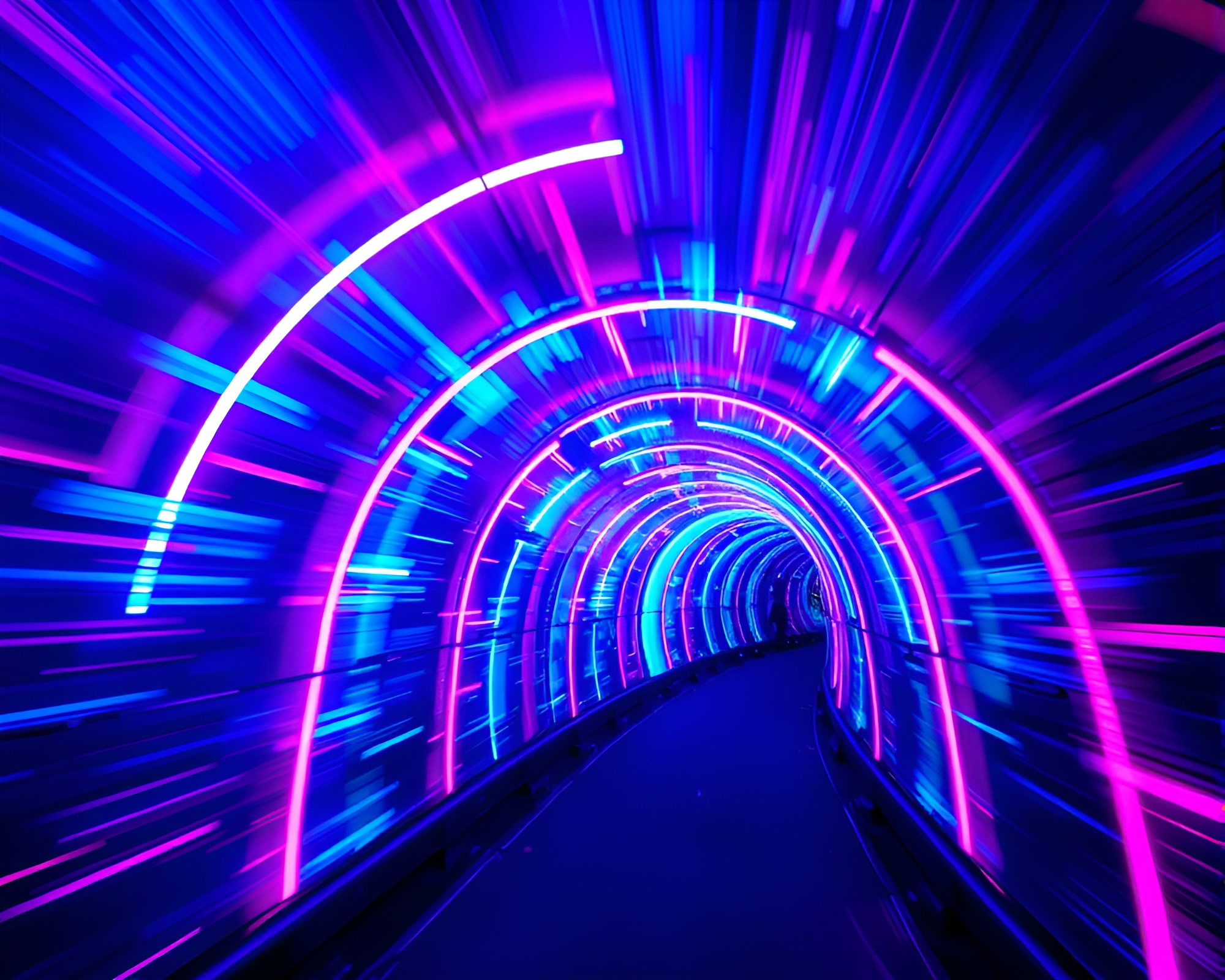 Mesmerizing Neon Light Tunnel Beneath City Center – free AI stock image