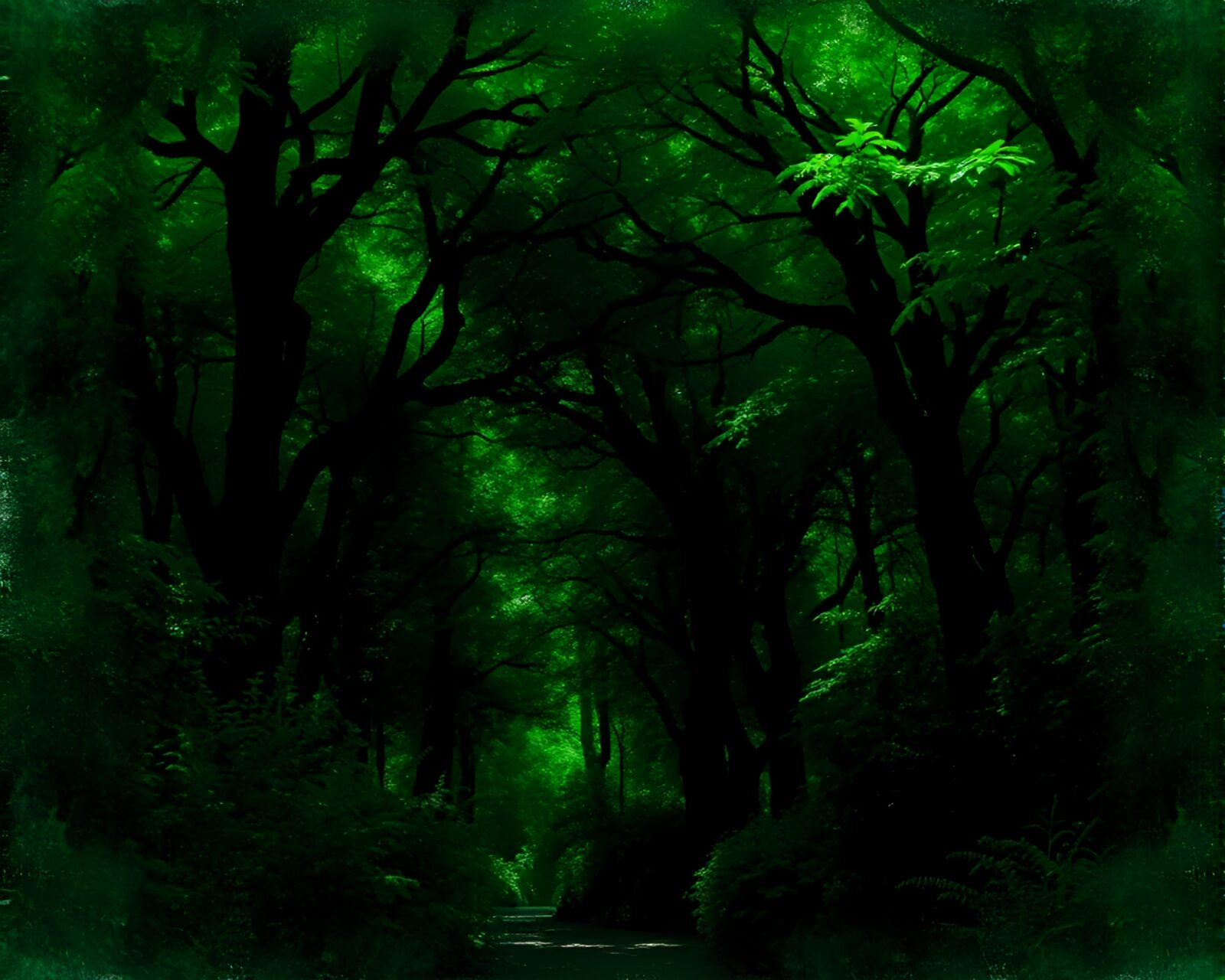 Enchanting forest scene with lush greenery and dappled shadows
