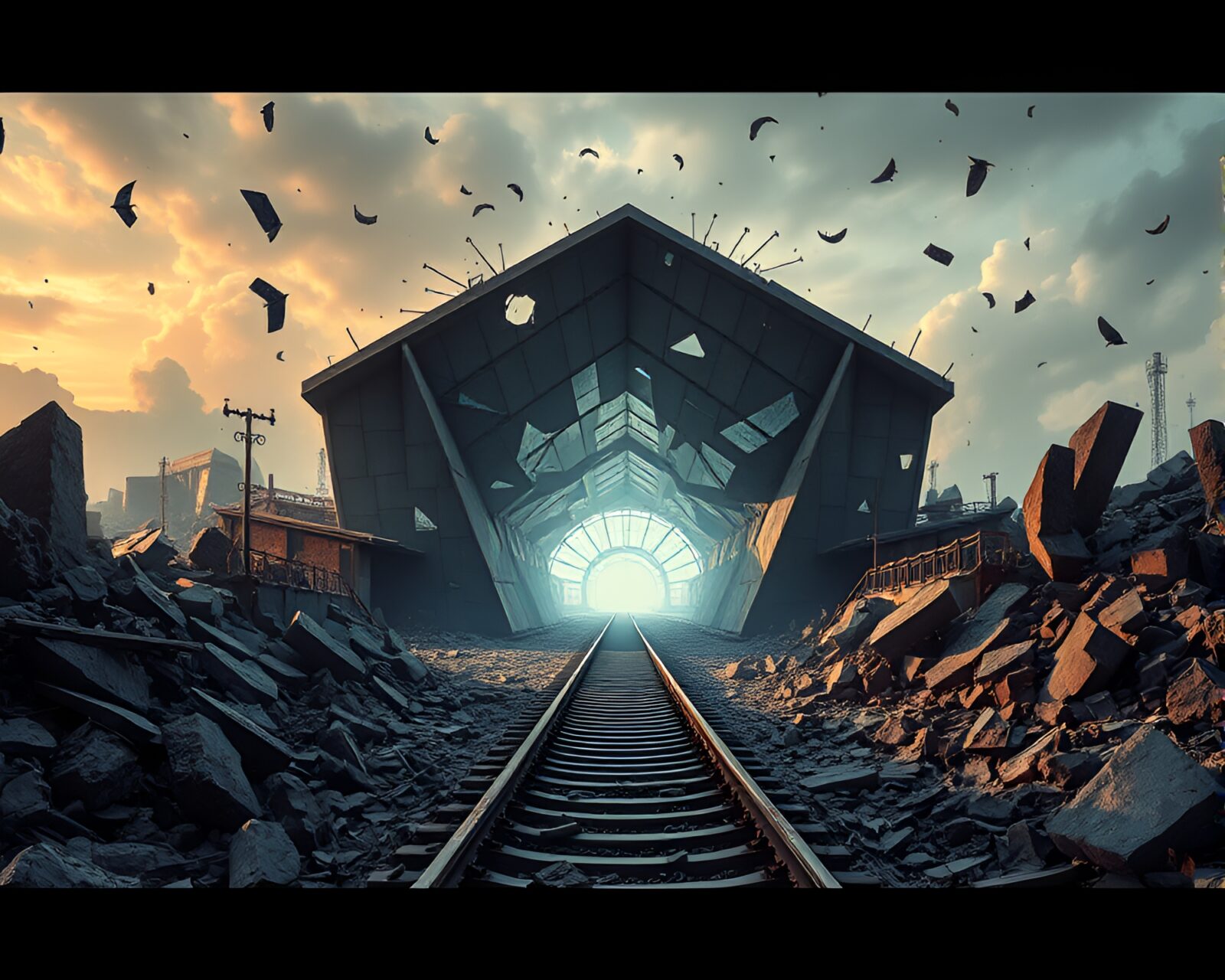 Fragmented cubist architecture amidst rubble in hauntingly beautiful scene