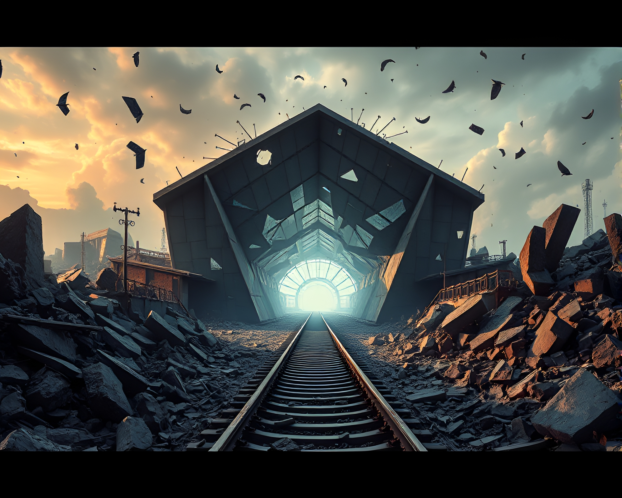 Ethereal Cubist Train Station Emerging from Apocalypse – free AI stock image