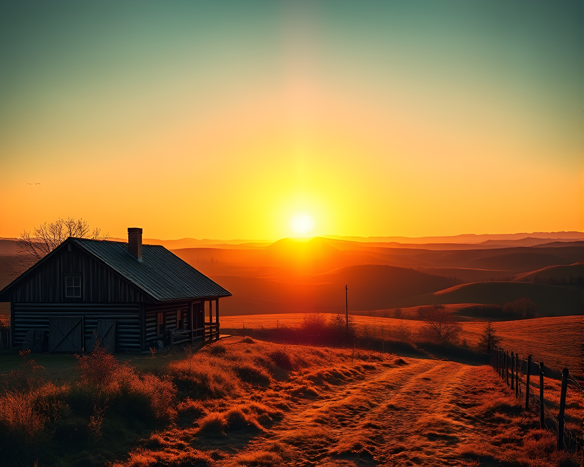 Captivating Solar Flare Over Countryside Landscape – free AI stock image