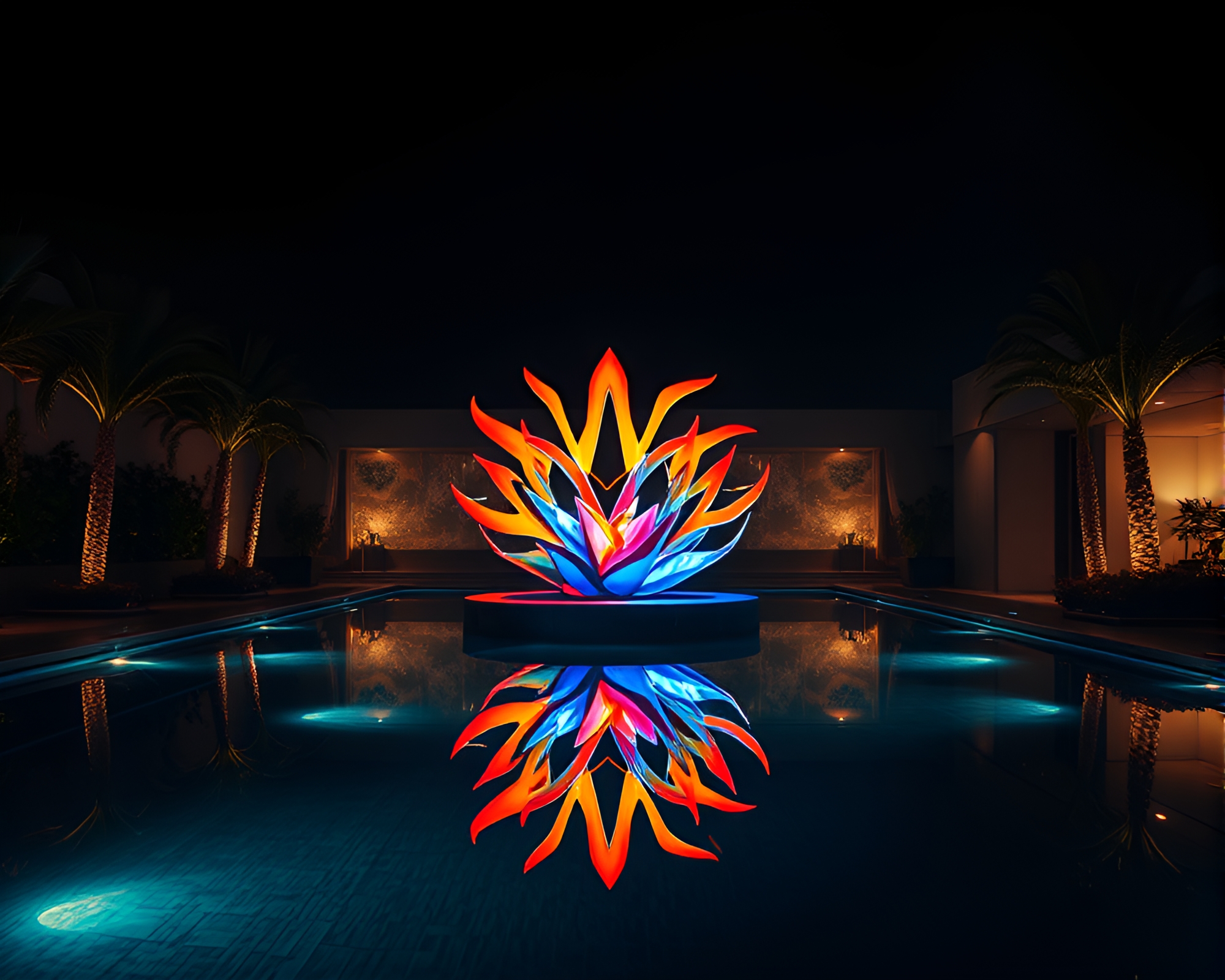 Mesmerizing Mirror-Pool Oasis: A Noir Ambiance – free AI stock image