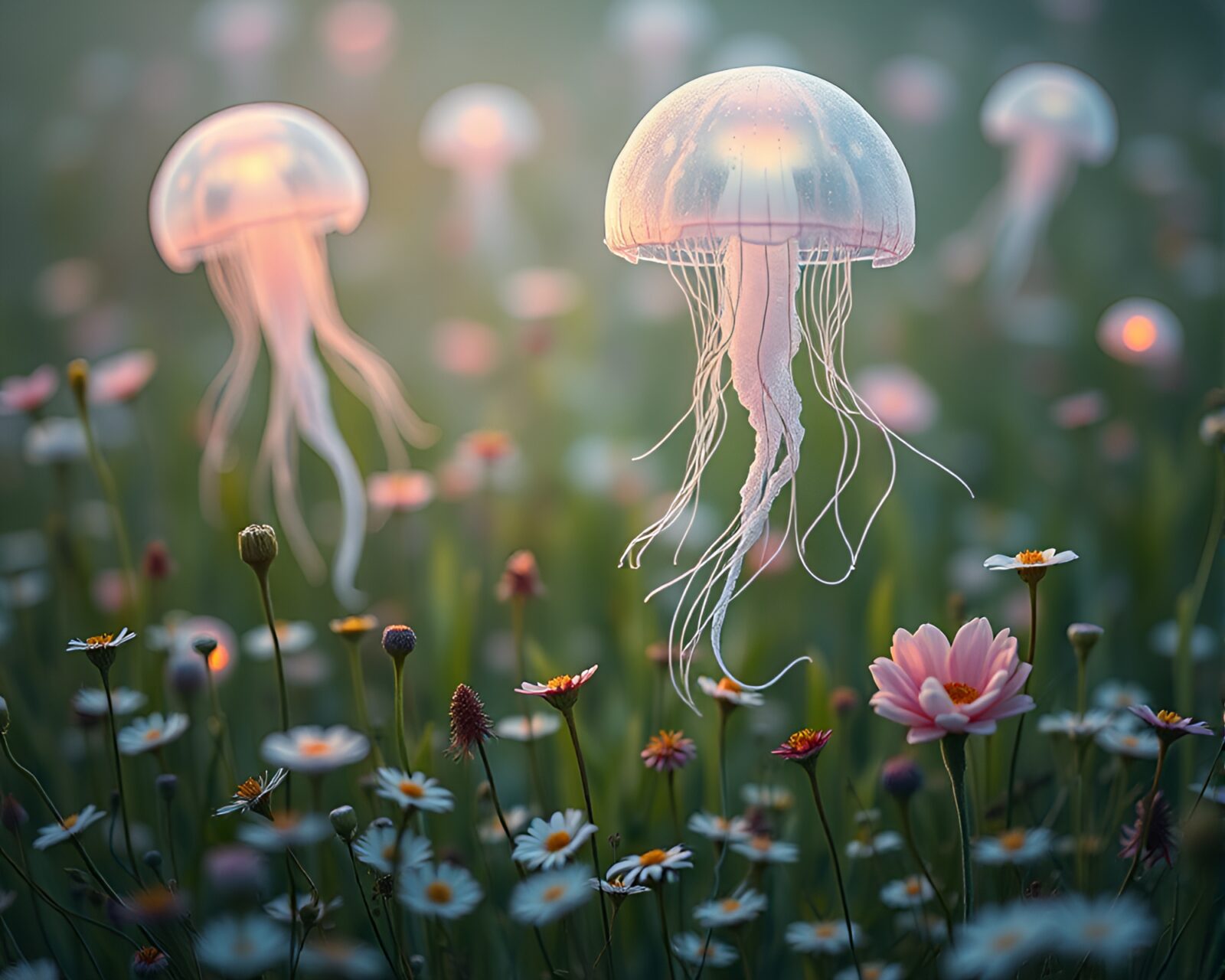 Ethereal meadow with glowing jellyfish among embroidered florals