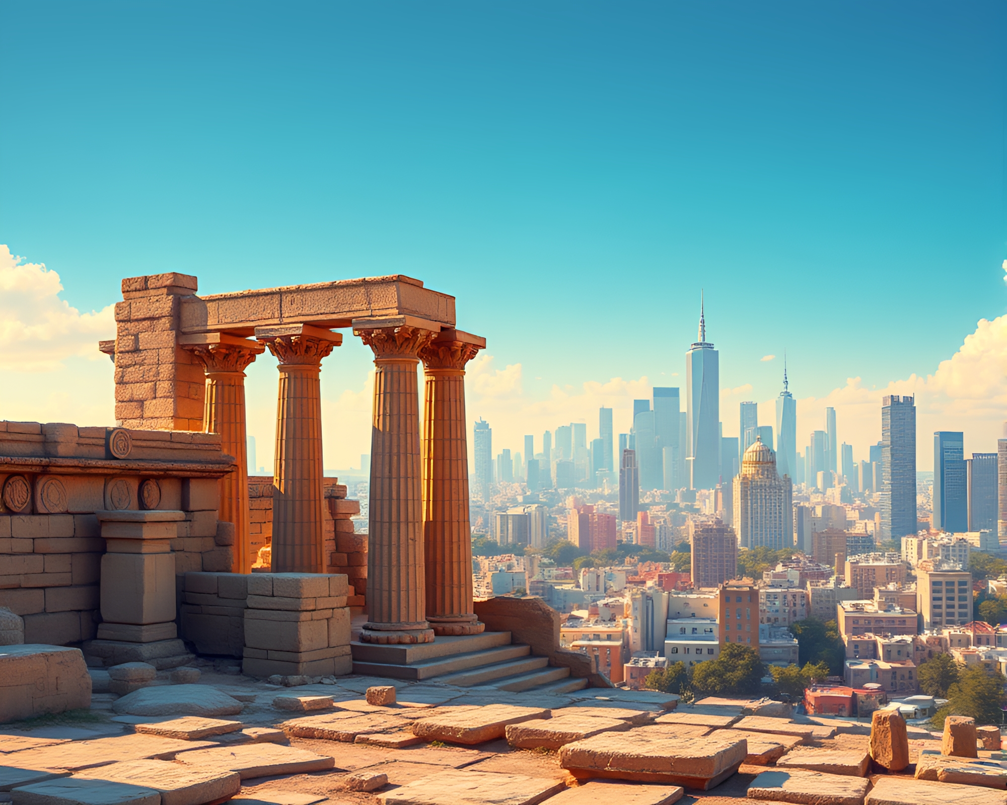 Ancient Monoliths Tower Over Vibrant Pixel Cityscape – free AI stock image