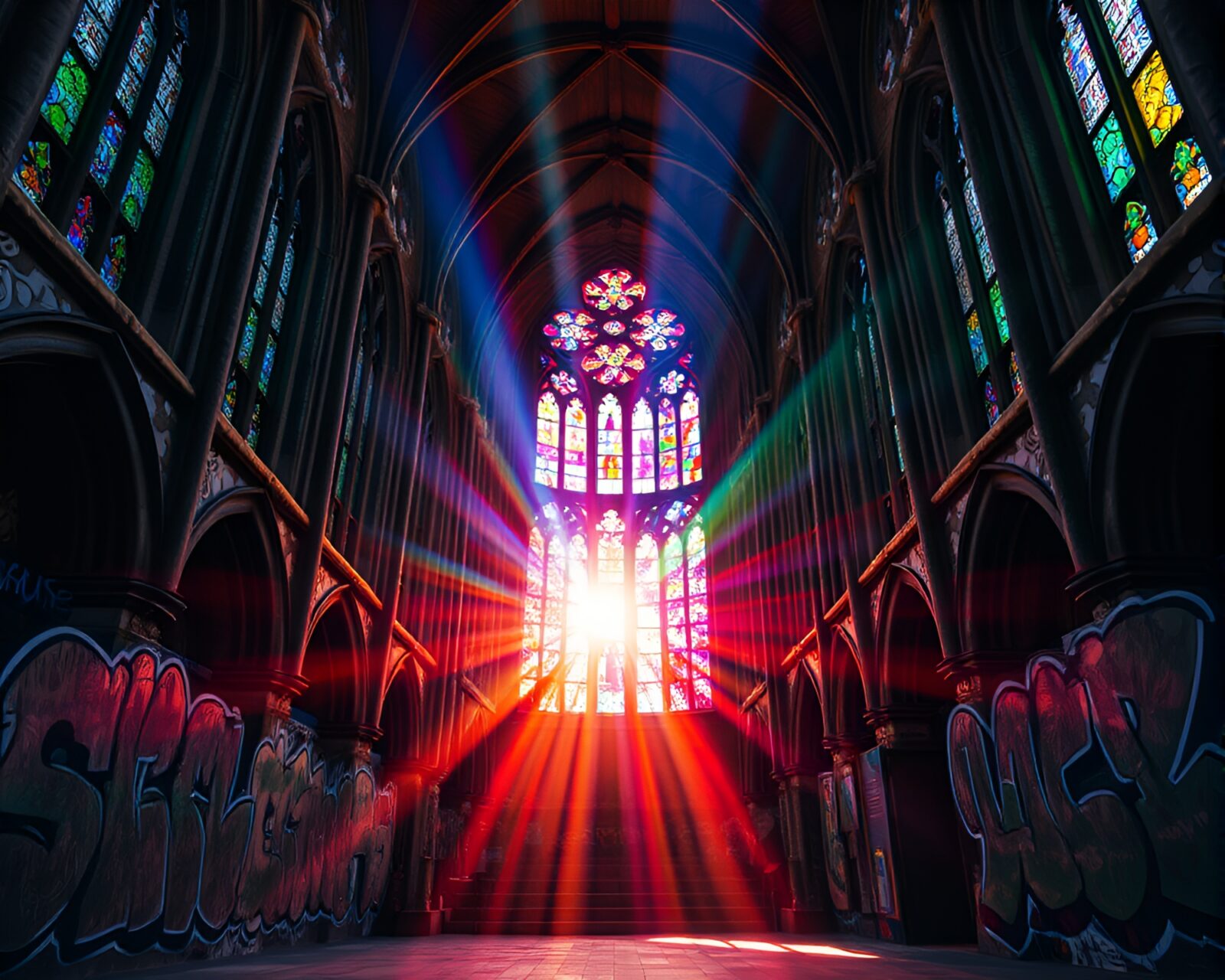 Gothic cathedral with colorful stained glass and neon graffiti art