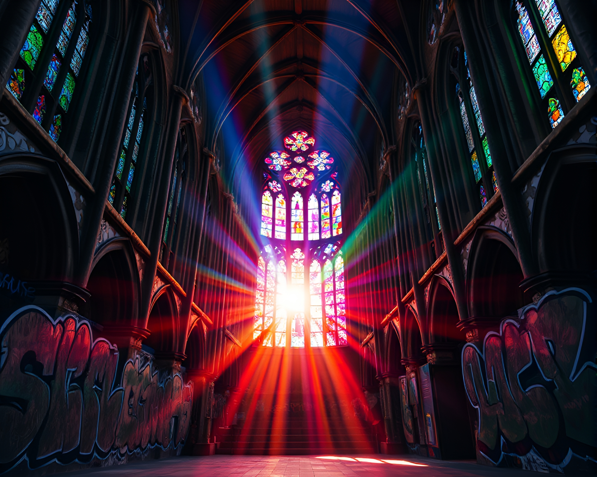 Gothic Cathedral Interior: Neon Graffiti Illuminated Stained Glass – free AI stock image